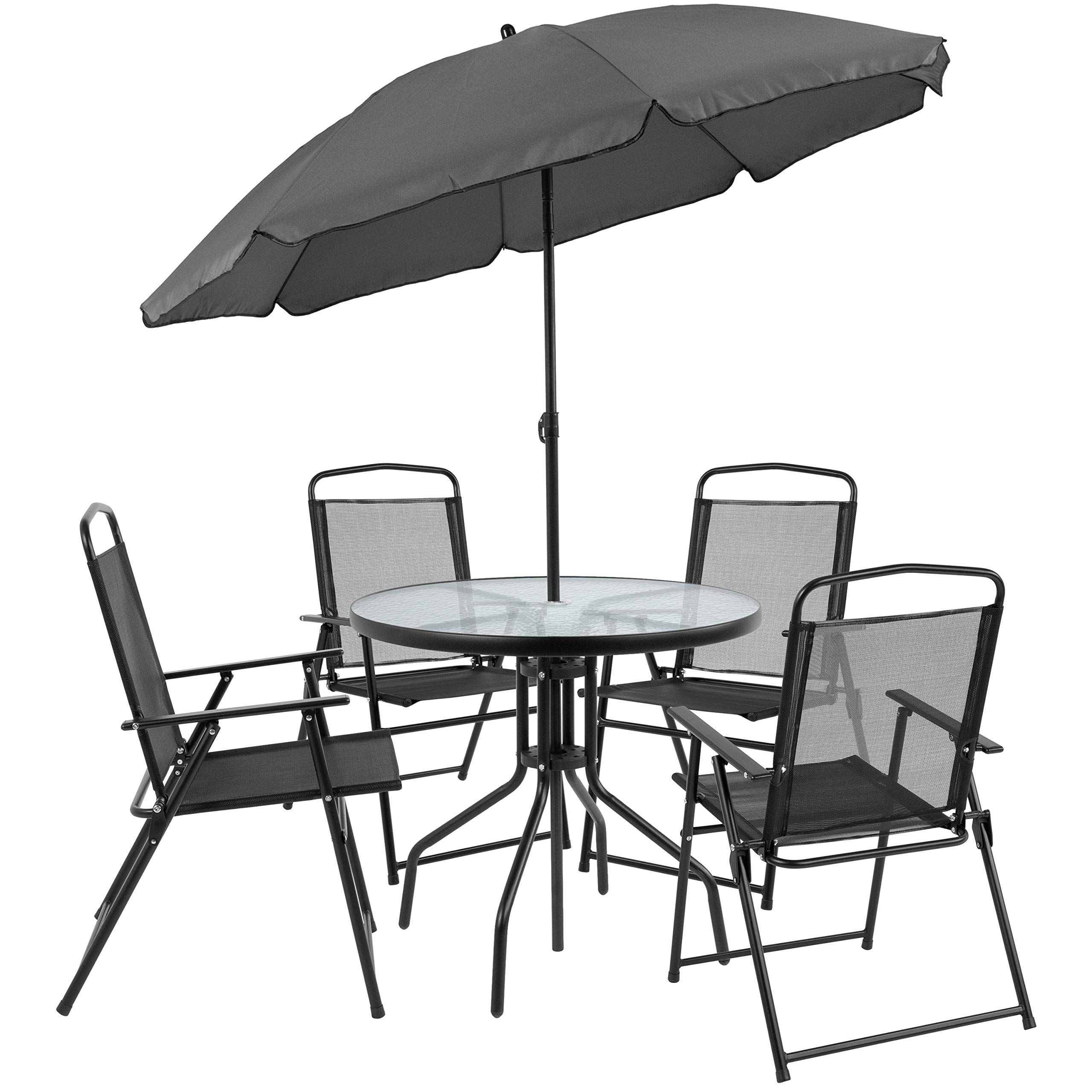 Emma & Oliver 6-Piece Black Patio Furniture Set with Umbrella Table & 4 Folding Chairs - Outdoor Garden, Backyard, Poolside Dining & Relaxation Set