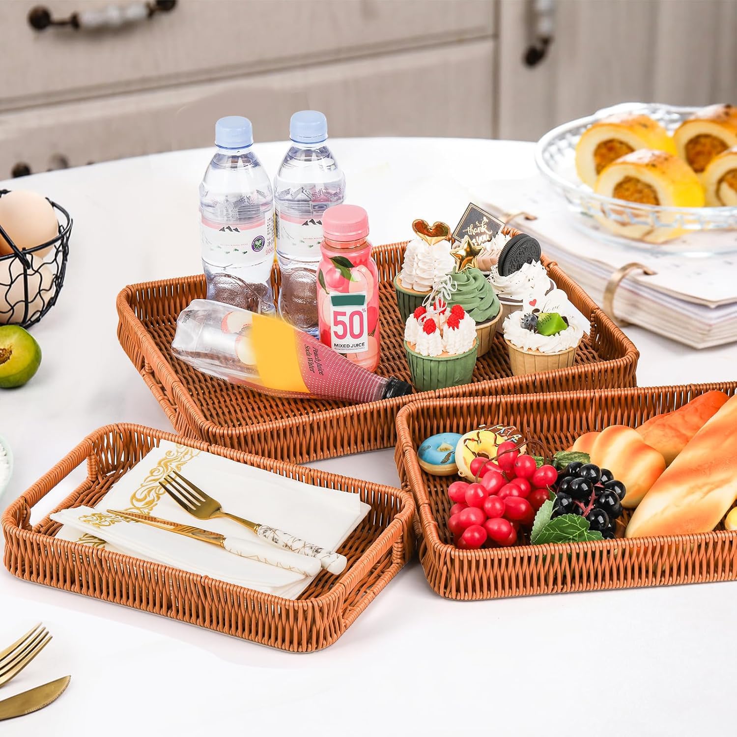 Yarlung 3-Pack Woven Storage Baskets with Handles - Rectangular Poly Wicker Serving Trays for Bread, Fruit, Vegetables, Snacks & Drinks - Perfect for Breakfast, Dining Table, Coffee Table & Kitchen Organization (3 Sizes)