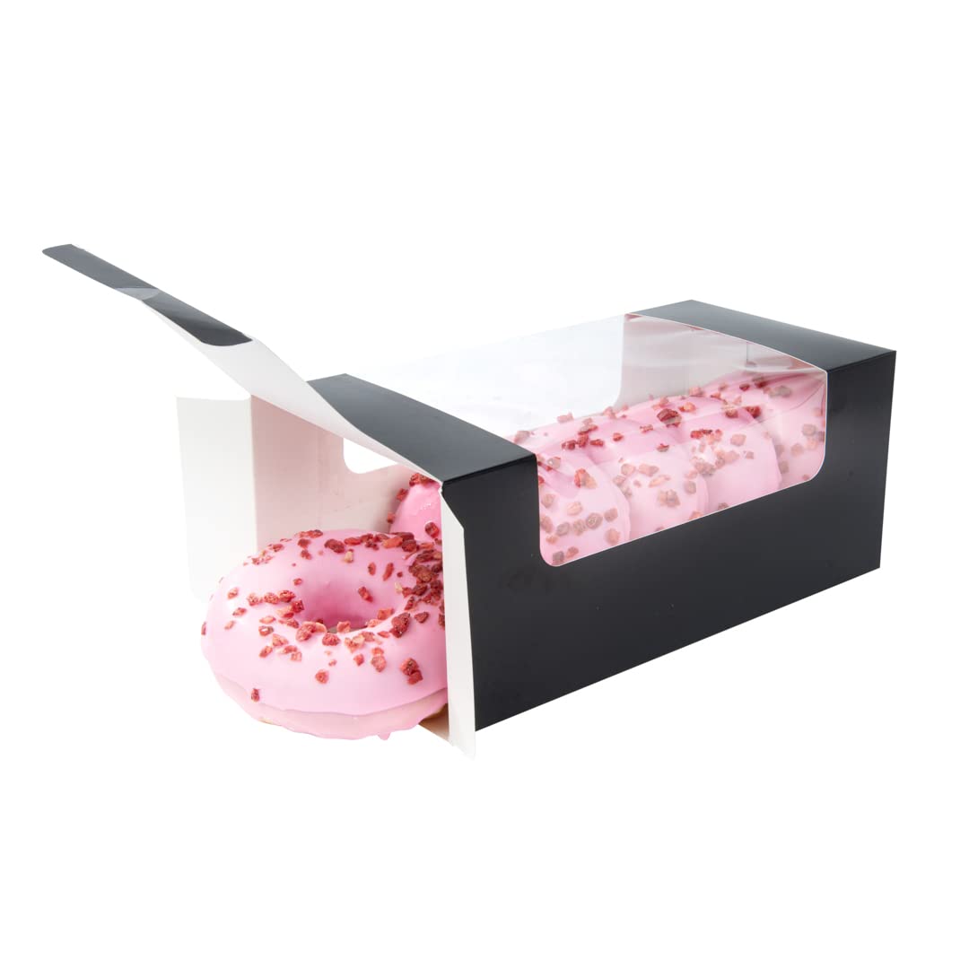 Restaurantware Pastry Tek 9.8 x 4.7 x 3.9 Inch 100-Pack Disposable Donut Boxes with Clear Window | Easy Assembly Black Paper Cookie Packaging for Muffins, Cupcakes & Mini Cakes | Perfect for Bakeries, Cafés & Catering Events