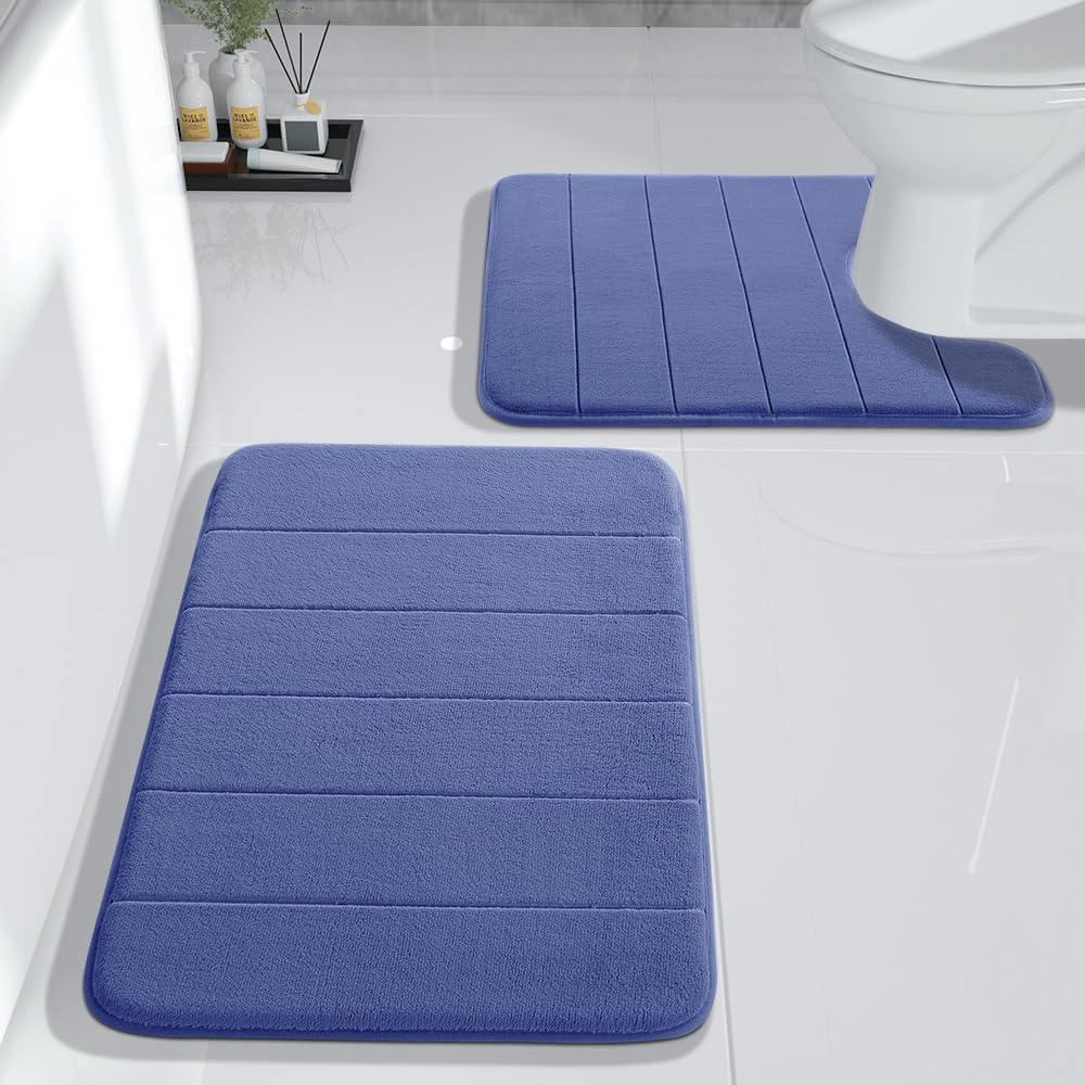 Yimobra 2-Piece Memory Foam Bath Mat Set - Ultra Soft Non-Slip Bathroom Rugs (17x24 & 24x20.4 Inches) - Quick-Dry Water Absorbent U-Shaped Toilet Mats for Bathroom Floor - Navy Blue - Perfect for Showers, Bathtubs & Sink Areas