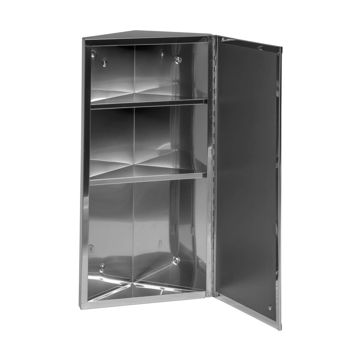 Renovators Supply Infinity Corner Medicine Cabinet with Mirror - Triple Shelf Storage, Modern Wall Mount Bathroom Cabinet - 23.6 Inch, Left Open, Polished Stainless Steel - Perfect for Small Bathrooms, Powder Rooms & Vanity Storage (Pack of 1)