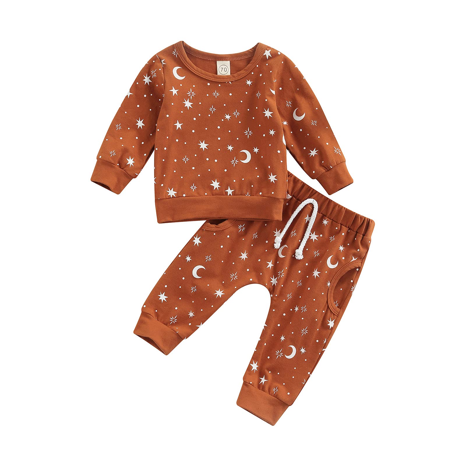 Adorable Newborn Baby Boy Clothes Set - Fall Winter Star & Moon Print Long Sleeve Sweatshirt & Pants 2-Piece Outfit 0-24 Months (Caramel, 0-3M) - Perfect for Family Photos, Holiday Gifts & Cozy Winter Outings