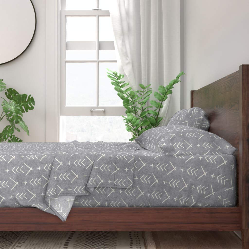 100% Cotton Queen Size 4-Piece Sheet Set - Neutral Mudcloth Gray Arrows Chevron Stripes Bohemian Style | Gender Neutral Baby Nursery & Earth Tone Home Decor | Perfect for Bedroom, Guest Room & Bohemian Themed Spaces