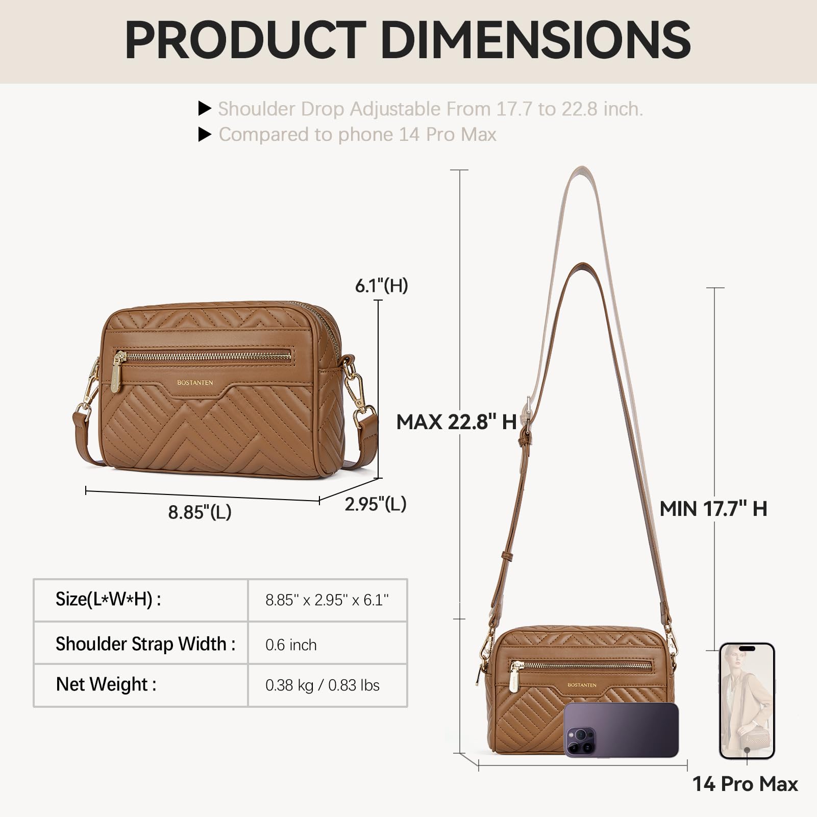 BOSTANTEN Women's Vegan Leather Crossbody Bag - Quilted Shoulder Purse with Adjustable Strap | Perfect for Work, Travel & Everyday Use
