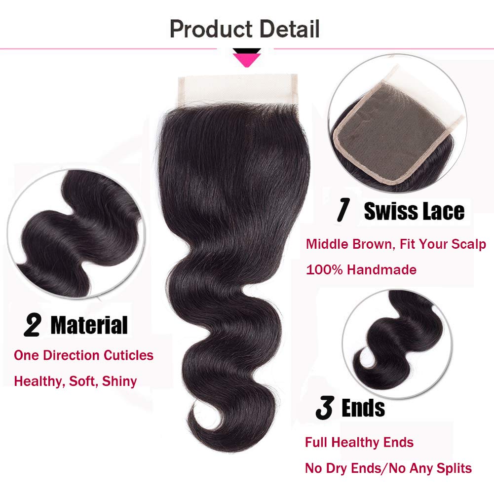 Amella Hair 8A Brazilian Body Wave Hair Bundles with 4x4 Closure - 100% Unprocessed Virgin Remy Hair (18 20 22 Inches + 16 Free Part) - Perfect for Weaving, Extensions & Natural Hairstyles