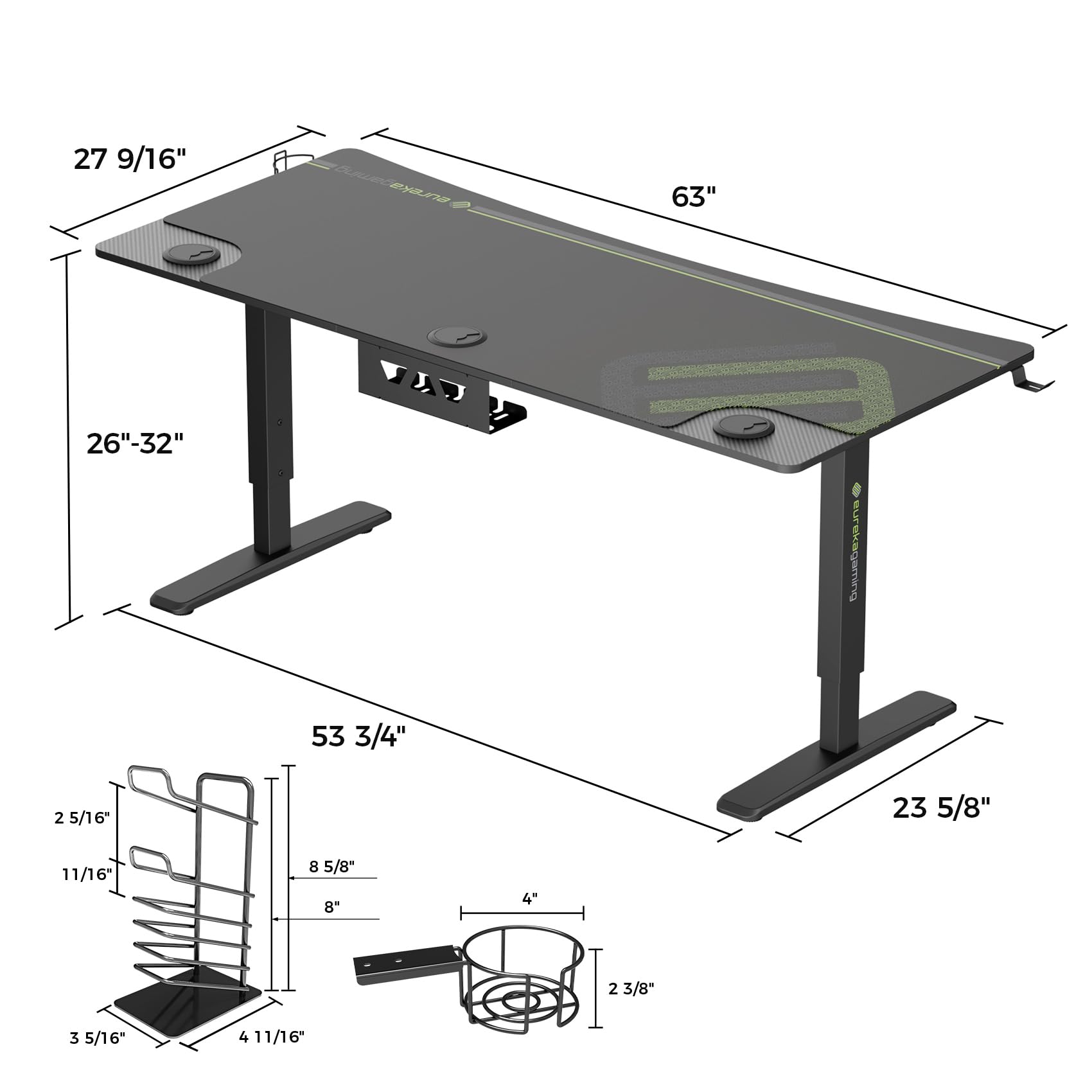 EUREKA ERGONOMIC 63 Inch Height Adjustable Gaming Standing Desk - Manual Mechanical Lift, Large Home Office Desk with Curved Edge, Dual Monitor & Controller Stand - Perfect for PC Gaming, Work from Home & Ergonomic Workspace Setup