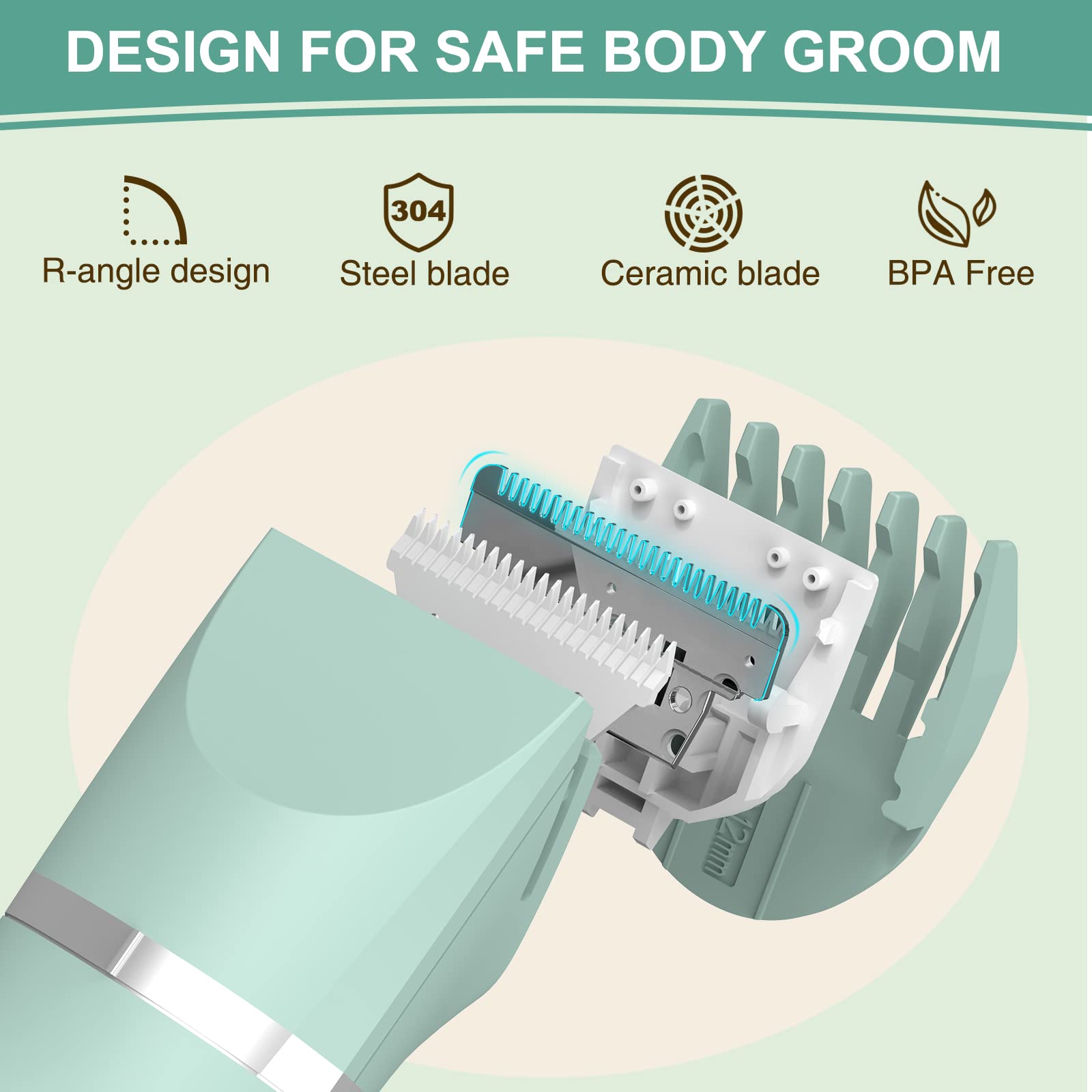 IP7X Waterproof Electric Bikini Trimmer for Men & Women - Wet/Dry Groin & Pubic Hair Shaver with Snap-in Ceramic Blades (Green) | Perfect for Travel, Gym & Sensitive Skin Grooming