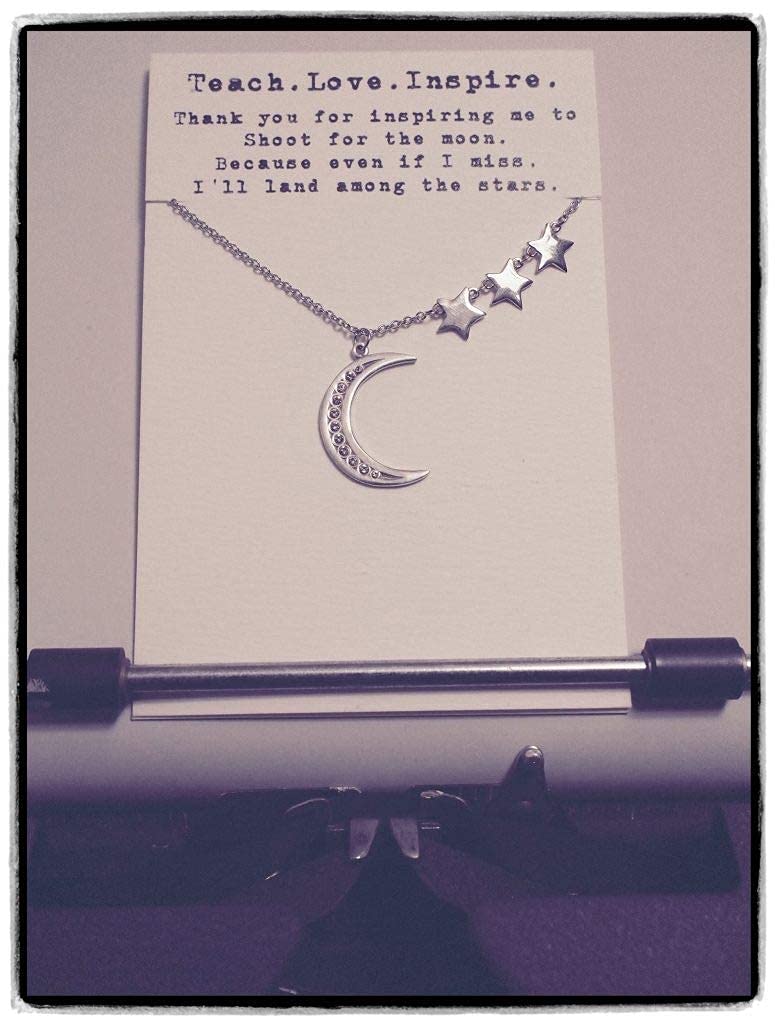 QUINNLYN & CO. 3 Stars and Crescent Moon Pendant Necklace - Best Teacher & Mentor Gift for Women, Teacher's Day Appreciation Present with Inspirational Quote Card - Perfect for Graduation, Retirement & Thank You Gifts