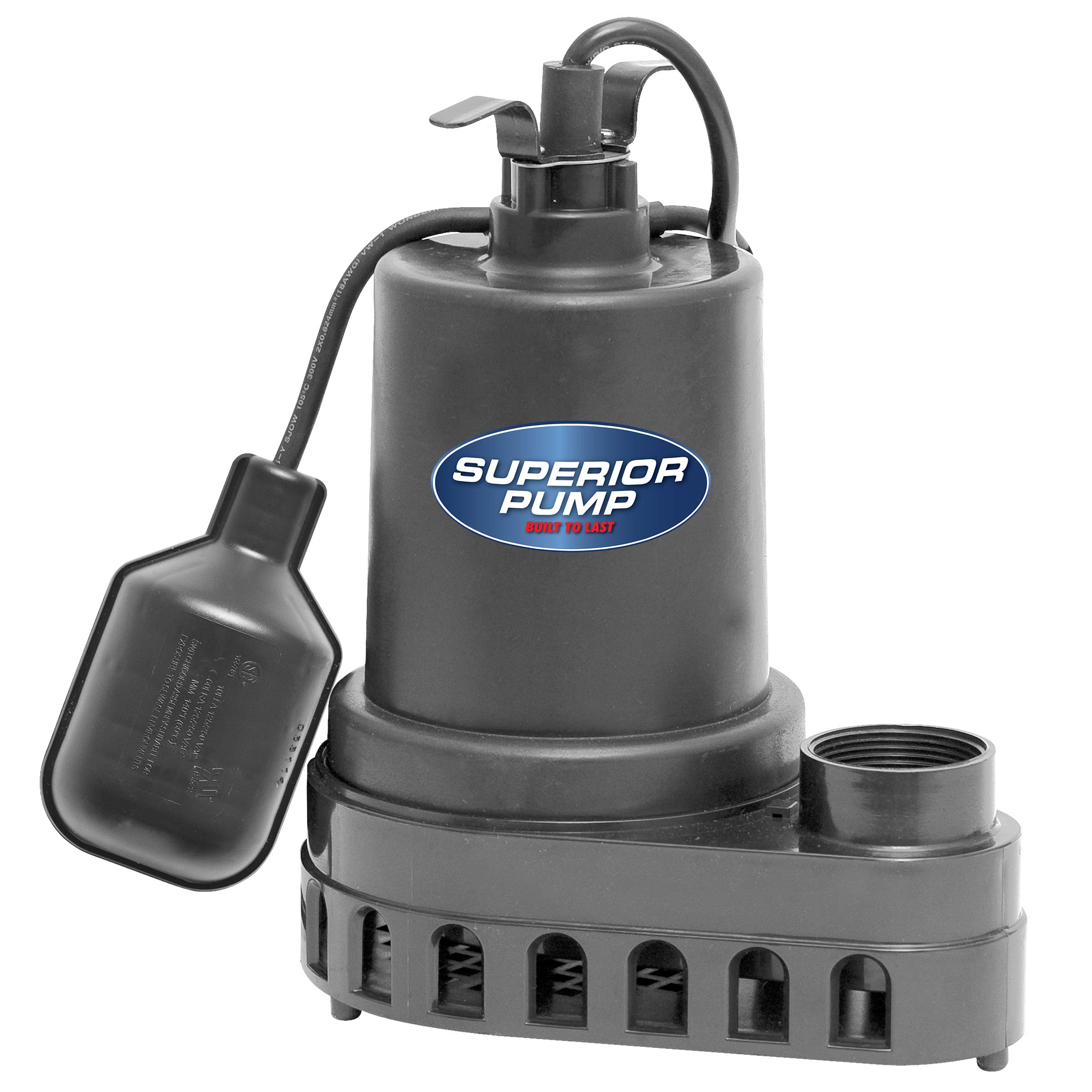 Superior Pump 92570 1/2 HP Thermoplastic Submersible Sump Pump with Tethered Float Switch - Heavy Duty Water Removal for Basements, Crawl Spaces & Flooded Areas