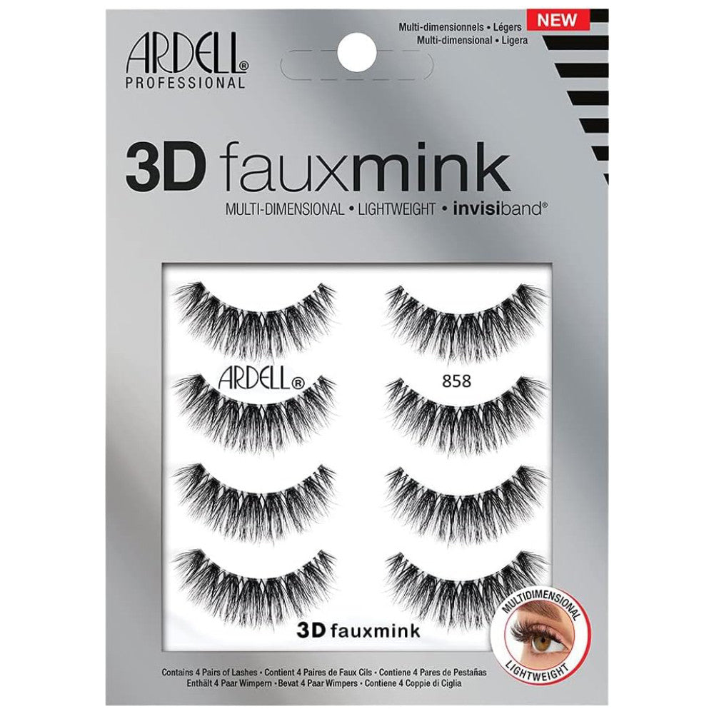 Ardell 3D Faux Mink Lashes #858 - 4 Pack Natural Looking False Eyelashes for Dramatic Volume & Length | Perfect for Weddings, Parties & Special Occasions