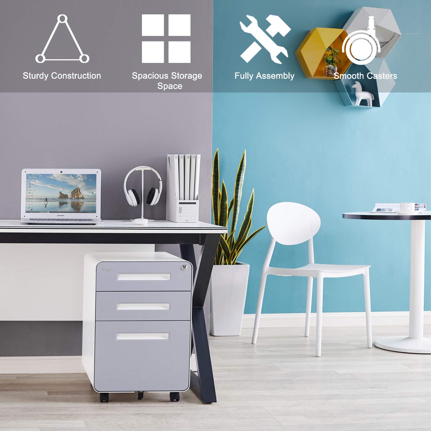 Bonnlo 3-Drawer Rolling File Cabinet with Lock - Gray & White Metal Mobile Under Desk Storage Organizer for Home Office, Fully Assembled Printer Stand with Pencil Tray (23.8
