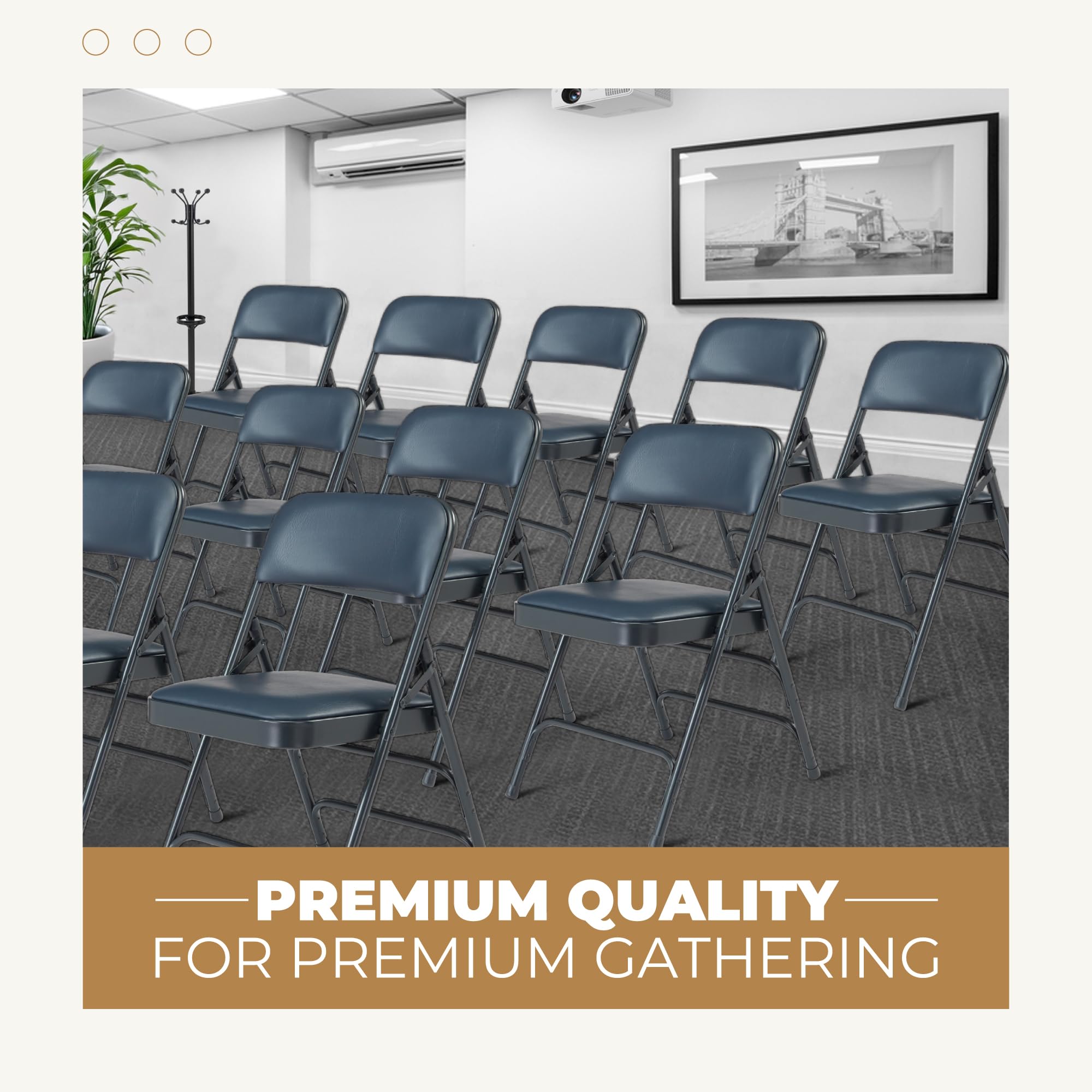 Premium Vinyl Upholstered Folding Chair with Heavy-Duty Padded Seat & Triple Brace Design - Comfortable Blue Event Chair for Weddings, Parties, and Outdoor Gatherings