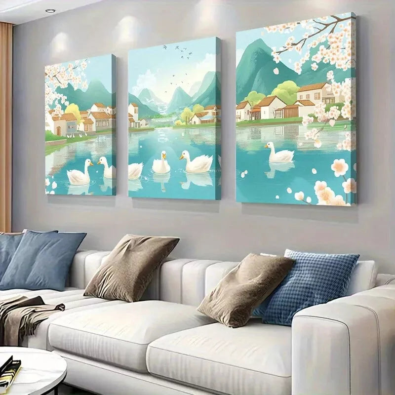 3pcs Serene Ducks on Tranquil River Wall Art Set - Framed Canvas 50x70cm - High Quality Print - 100% Australian Made - Ready to Hang - Perfect for Living Room, Bedroom & Office Decor