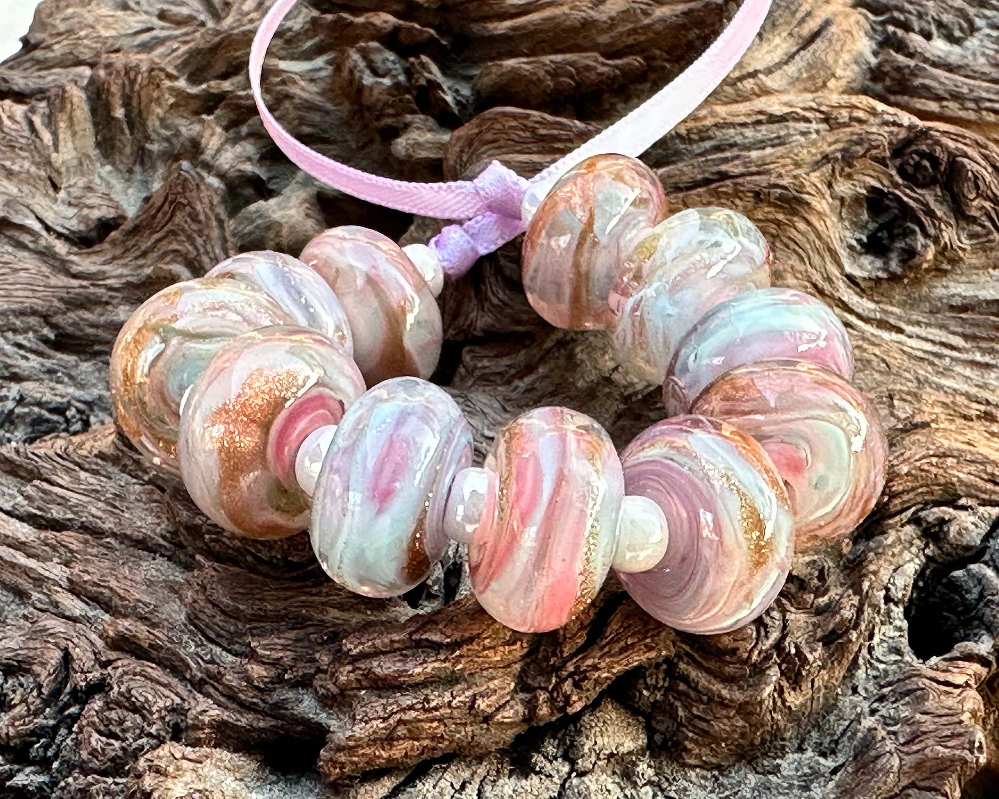 11pcs Handmade Rosewater Wave Lampwork Glass Beads Set for Jewelry Making - DIY Bracelets, Necklaces & Craft Projects - Boho & Vintage Style Accessories
