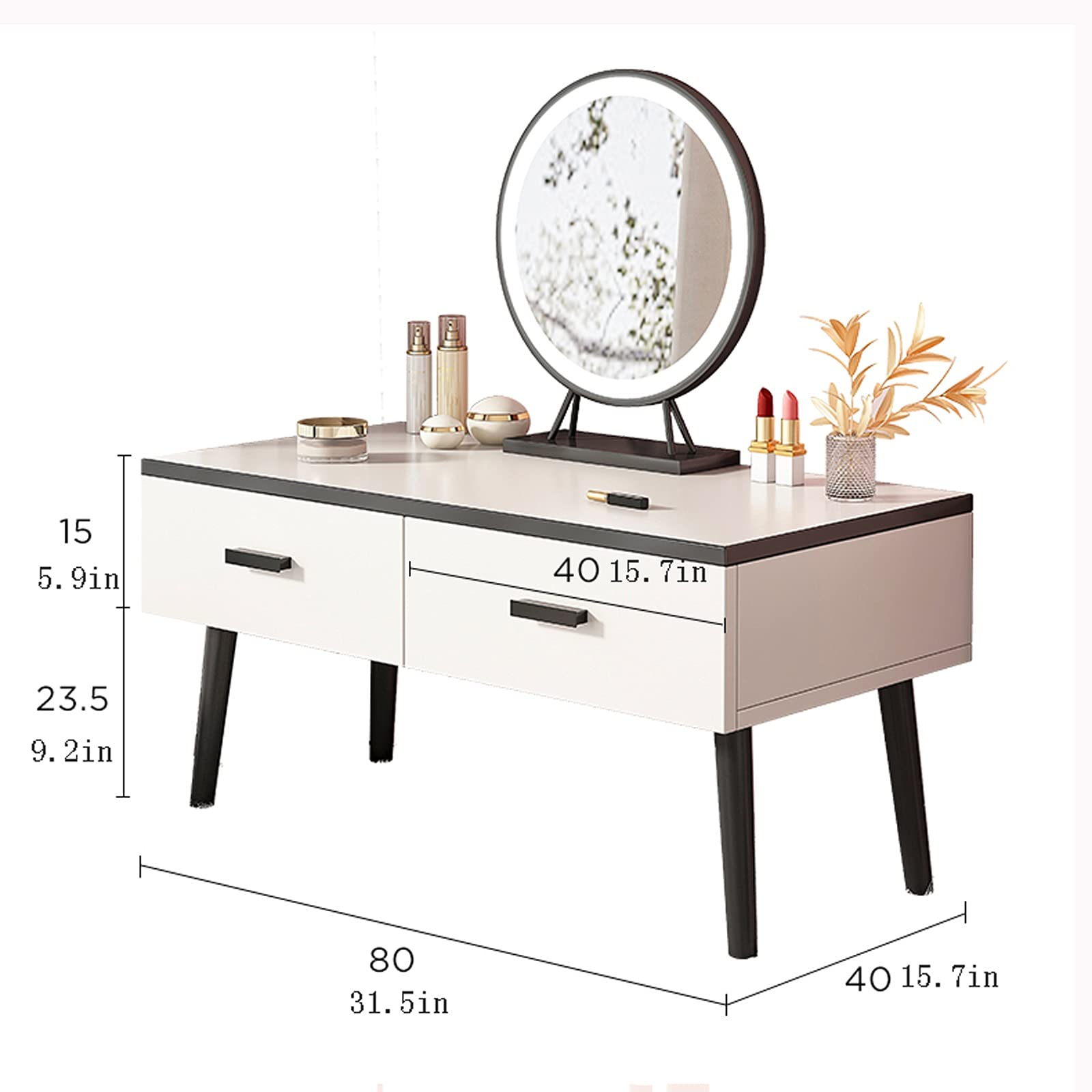 Modern Minimalist Vanity Table with LED Touch Screen Mirror & 2 Drawers - 80cm Small Dressing Table for Bedroom | Perfect for Makeup, Skincare & Hair Styling