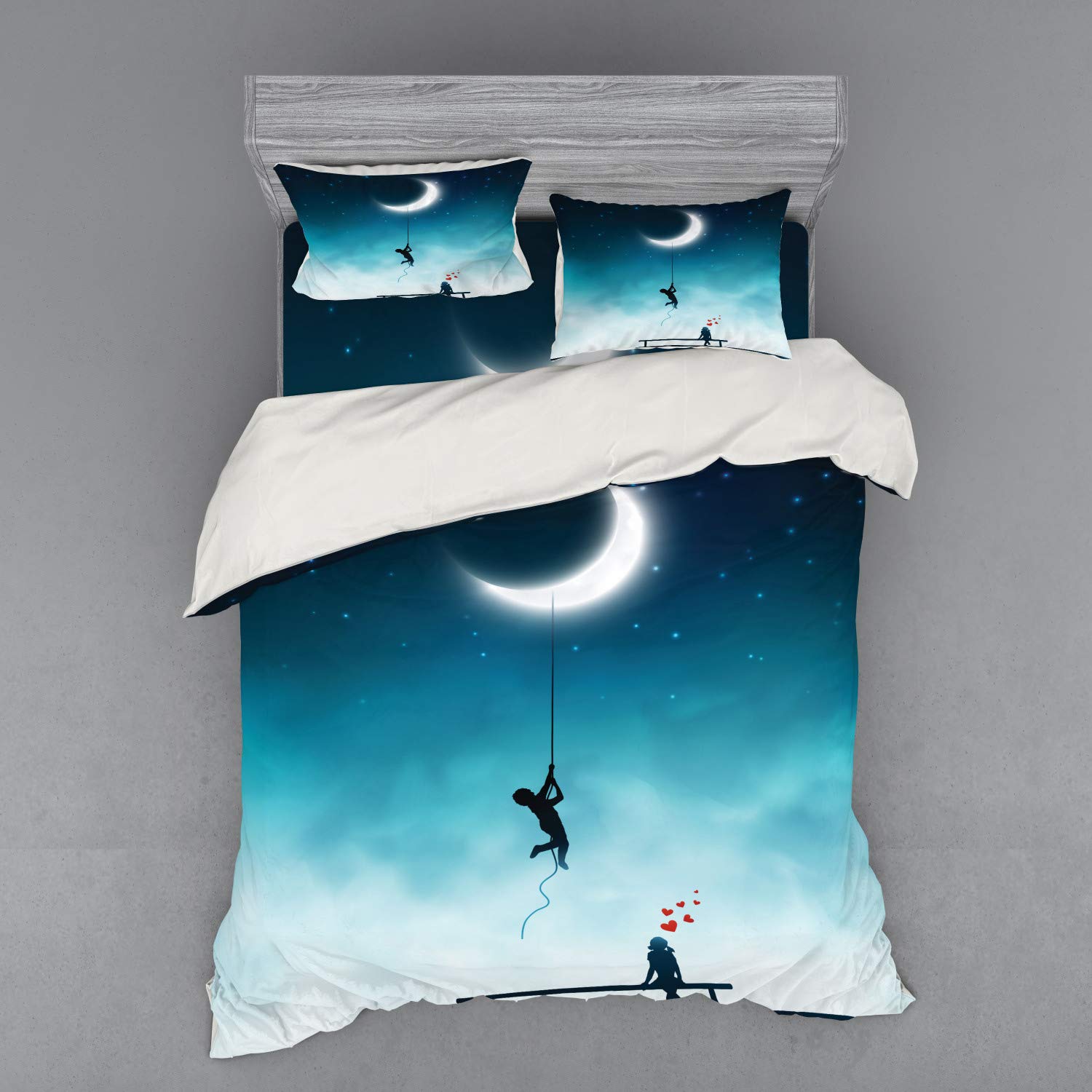 Ambesonne Fantasy Bedding Set - Queen Size 3-Piece Duvet Cover with Sham & Fitted Sheet, Teal & White, Romantic Moon & Bench Love Art - Perfect for Couples Bedroom Decor & Gift Ideas