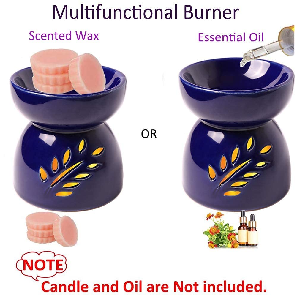 Blue Ceramic Essential Oil Burner with Classic Leaf Carving - Aromatherapy Diffuser, Tea Light Candle Holder & Wax Melter for Home Fragrance - Perfect for Living Room Decor, Balcony Relaxation & Garden Ambience