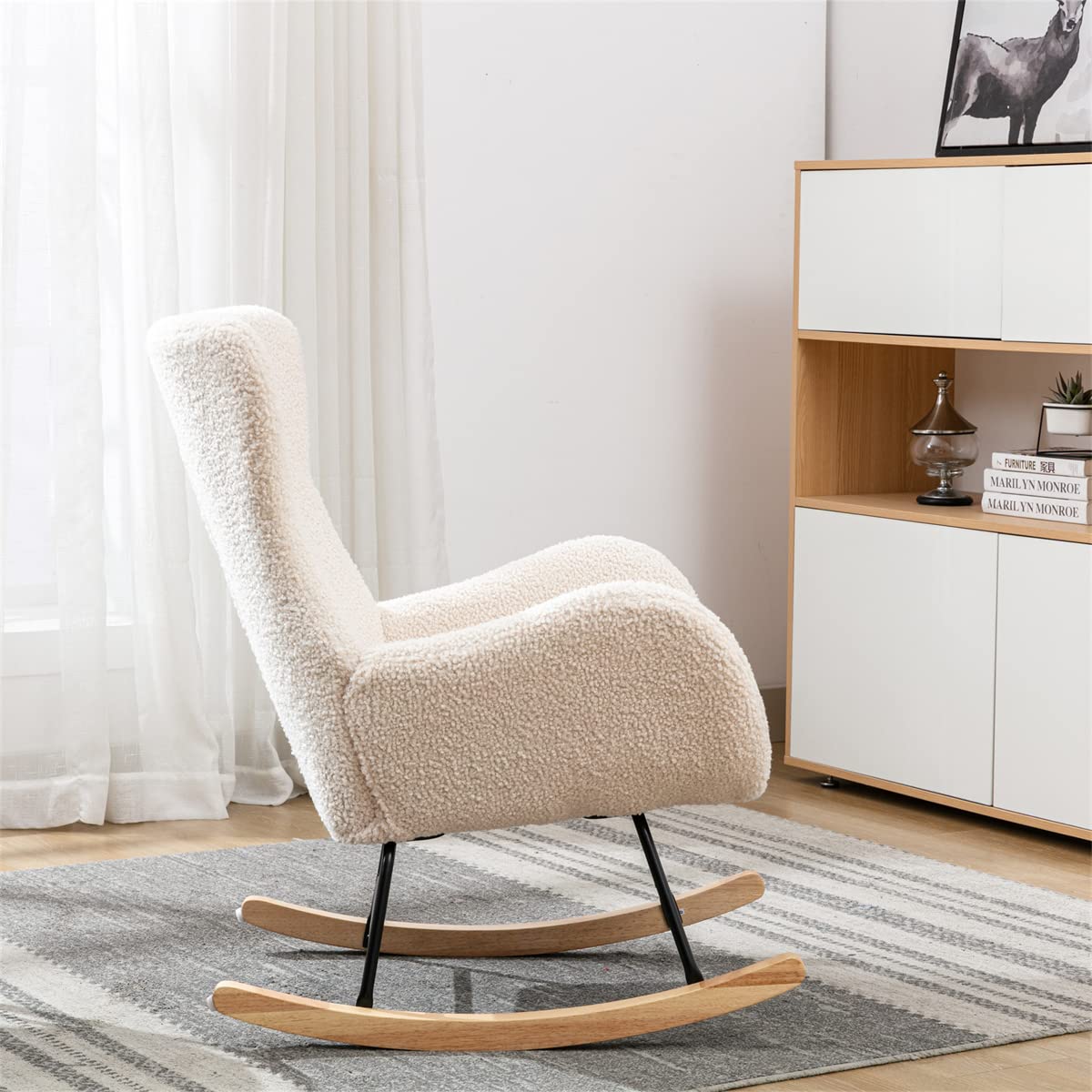 Teddy Rocking Chair - Upholstered High Back Accent Chair with Armrests & Padded Seat - Sturdy Metal & Wood Base Rocking Sofa for Living Room, Bedroom, Office - Beige Fabric - Perfect for Nursery, Reading Nook & Relaxation