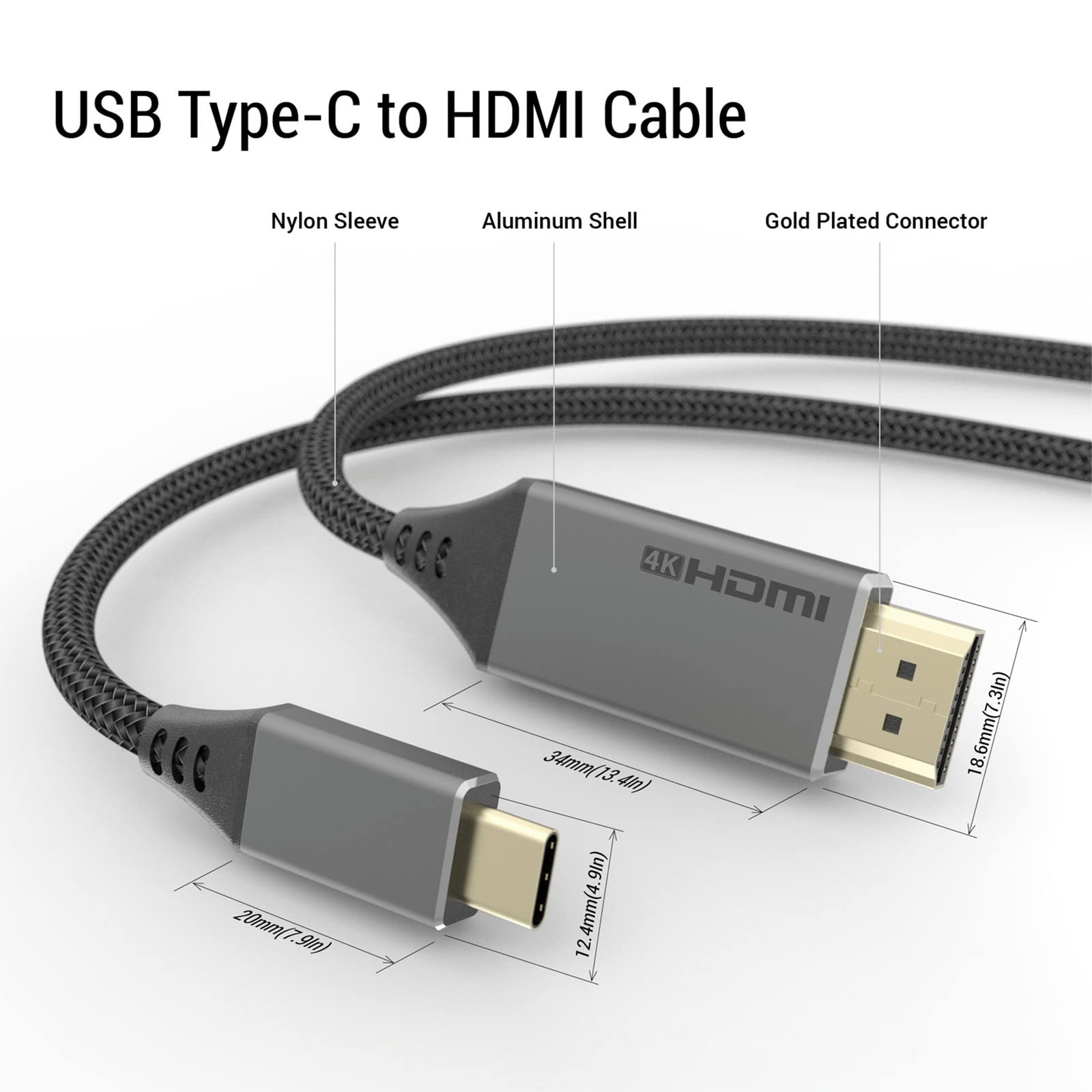4K USB C to HDMI Cable 6FT - High Speed USB Type-C to HDMI Adapter with Nylon Braiding for MacBook Pro, iPad, Samsung Galaxy - Perfect for Home Office, Conference Presentations & TV Streaming