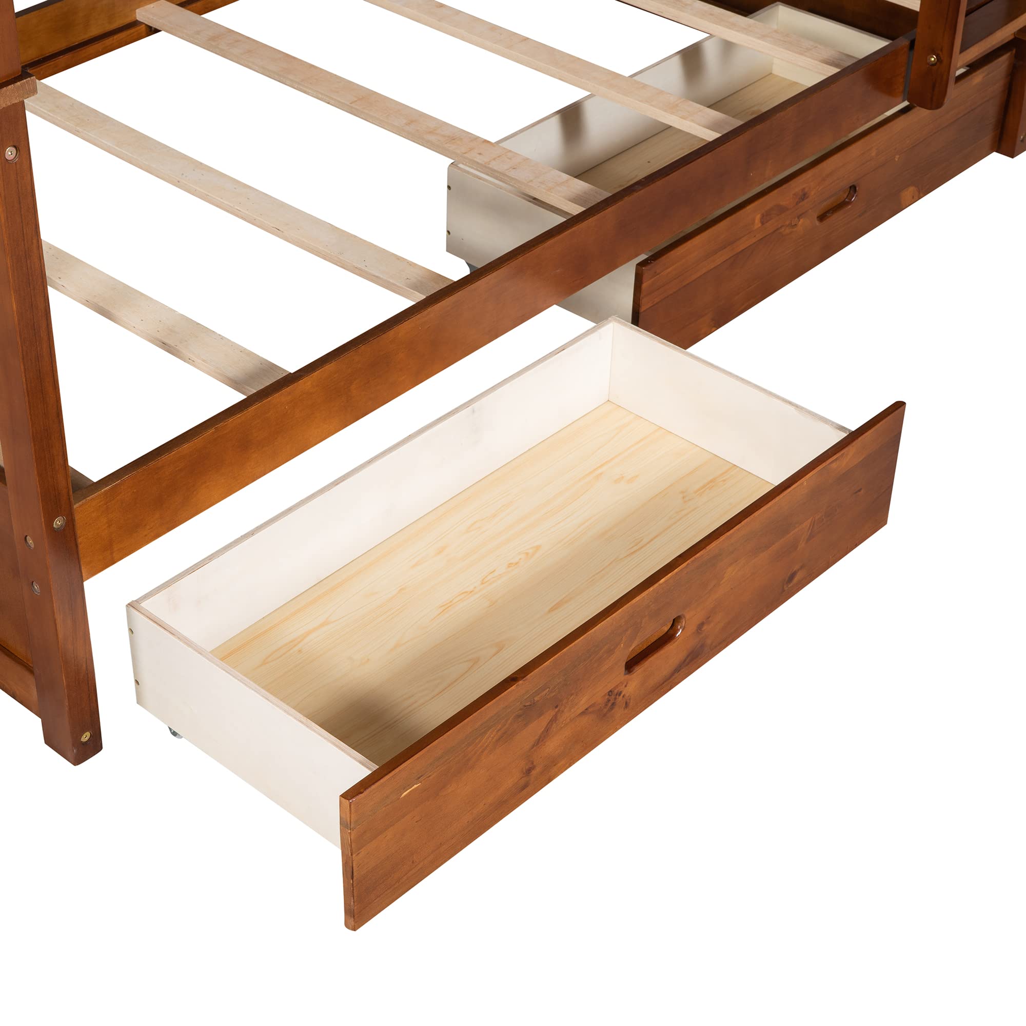 P PURLOVE Twin Over Twin Bunk Bed with 2 Storage Drawers - Convertible Wooden Bunk Bed Frame with Ladder - Separates into 2 Single Beds - Space-Saving Solution for Kids, Teens, Boys & Girls - No Box Spring Required (Walnut Finish) - Perfect for Small Bedrooms, Guest Rooms & Vacation Homes