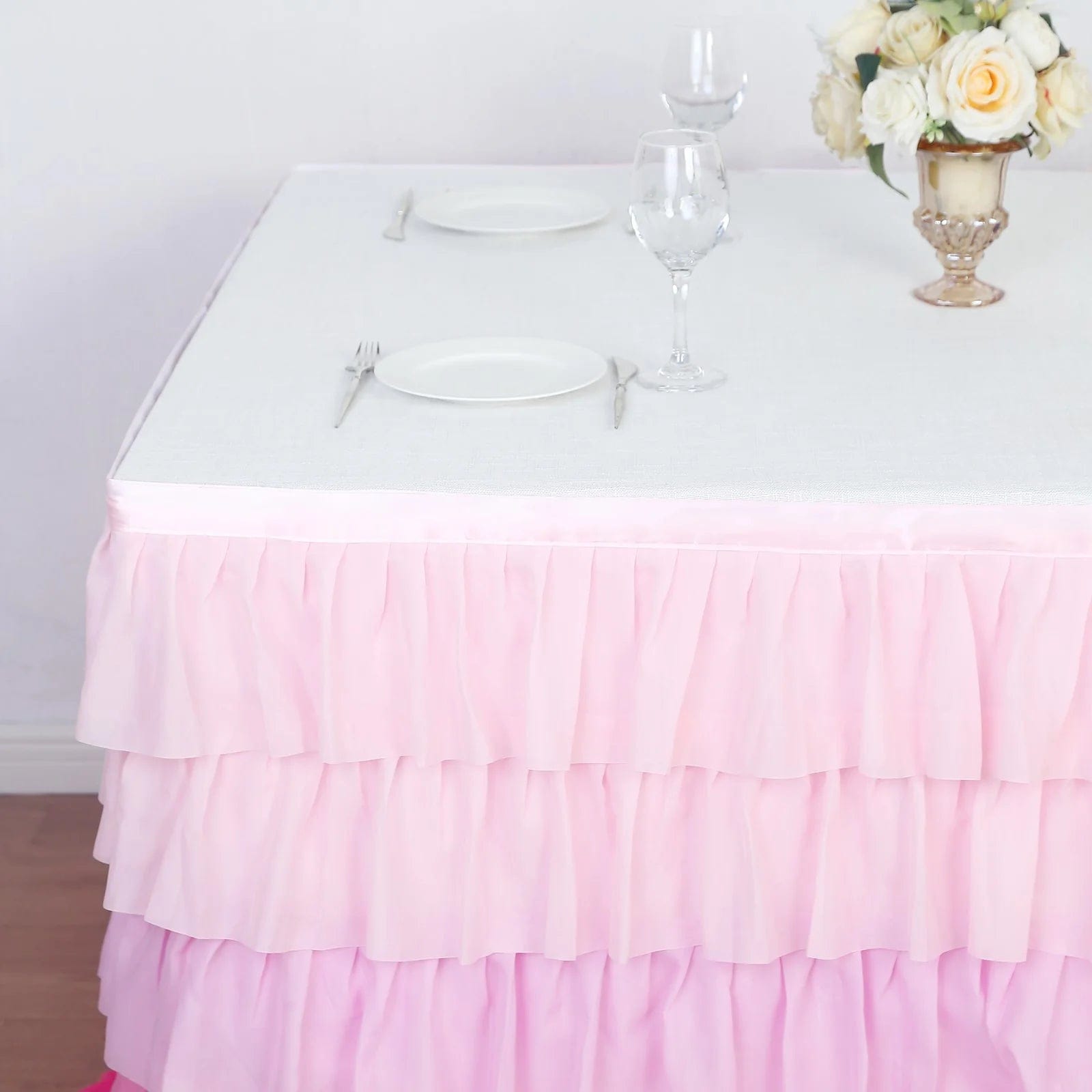 14 ft Chiffon 5 Tier Ruffled Tutu Table Skirt with Satin Backing - Elegant Party Decor for Weddings, Baby Showers & Banquets