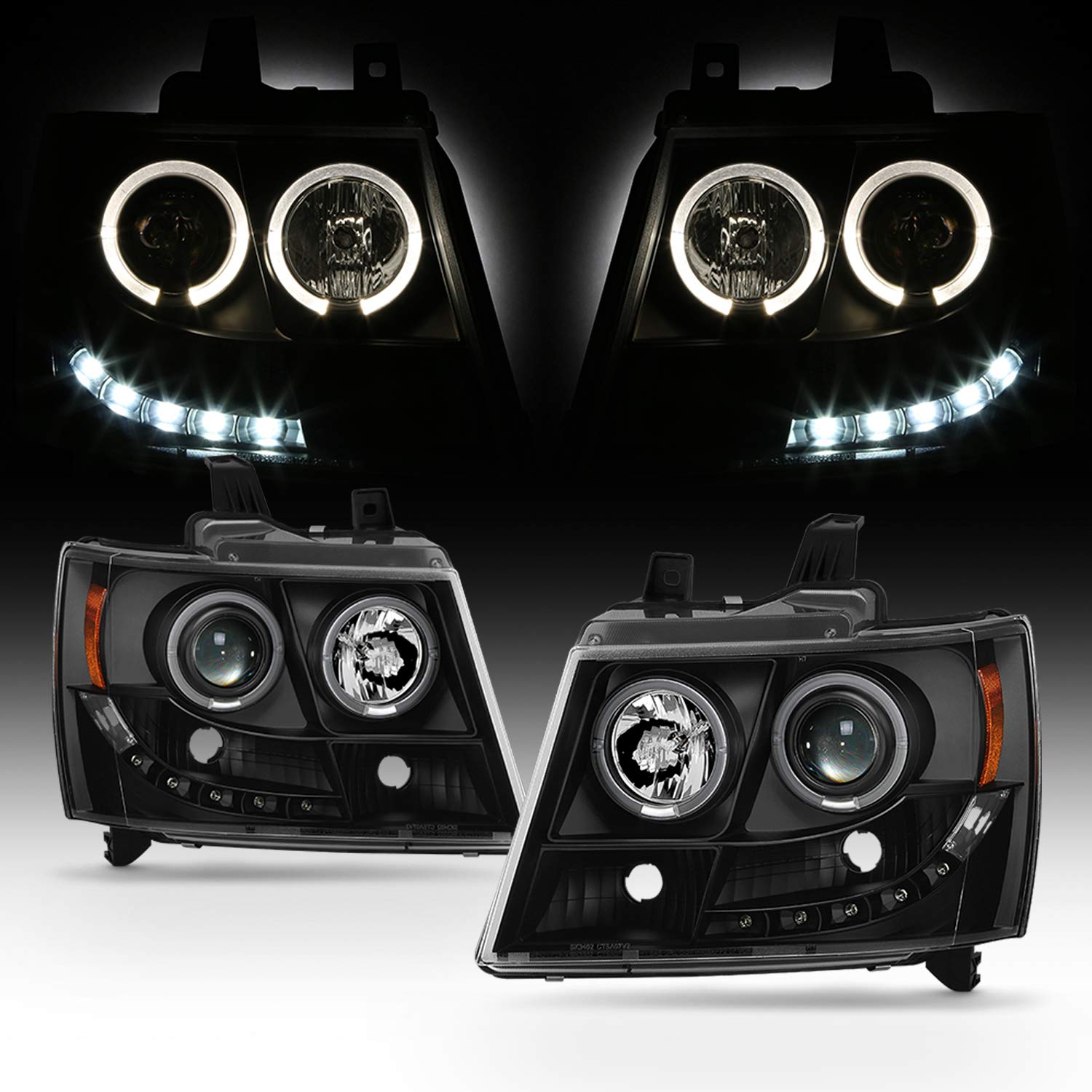 AKKON LED Projector Headlights for 2007-2014 Chevy Tahoe Suburban 1500/2500 & 2007-2013 Avalanche - Black Halo Light Bar Pair (Left+Right) - Upgrade Your Night Driving Safety & Style