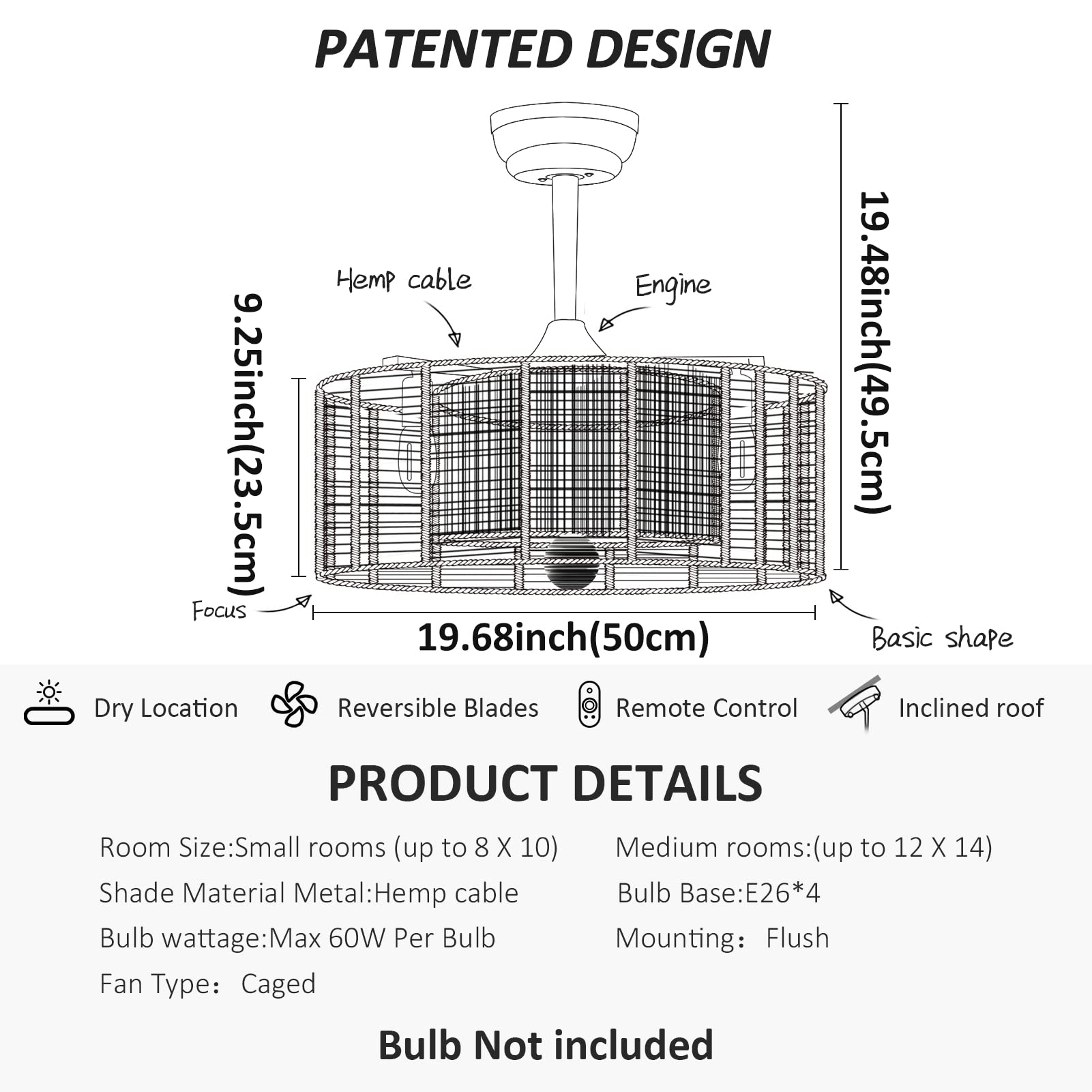 20 Inch Boho Ceiling Fan with Lights and Remote Control - Modern Caged Fandelier with 6 Speed Settings - Rattan Chandelier Style for Bedroom, Living Room, Study Room - Perfect for Home Decor and Air Circulation