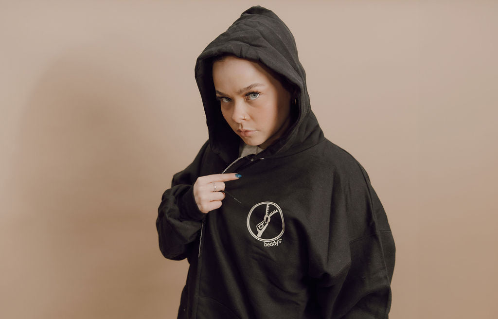 Beddy's Zip Up Hoodie for Women & Men - Soft Fleece Black Pullover with Front Pockets | Cozy Loungewear for Home, Travel & Outdoor Activities