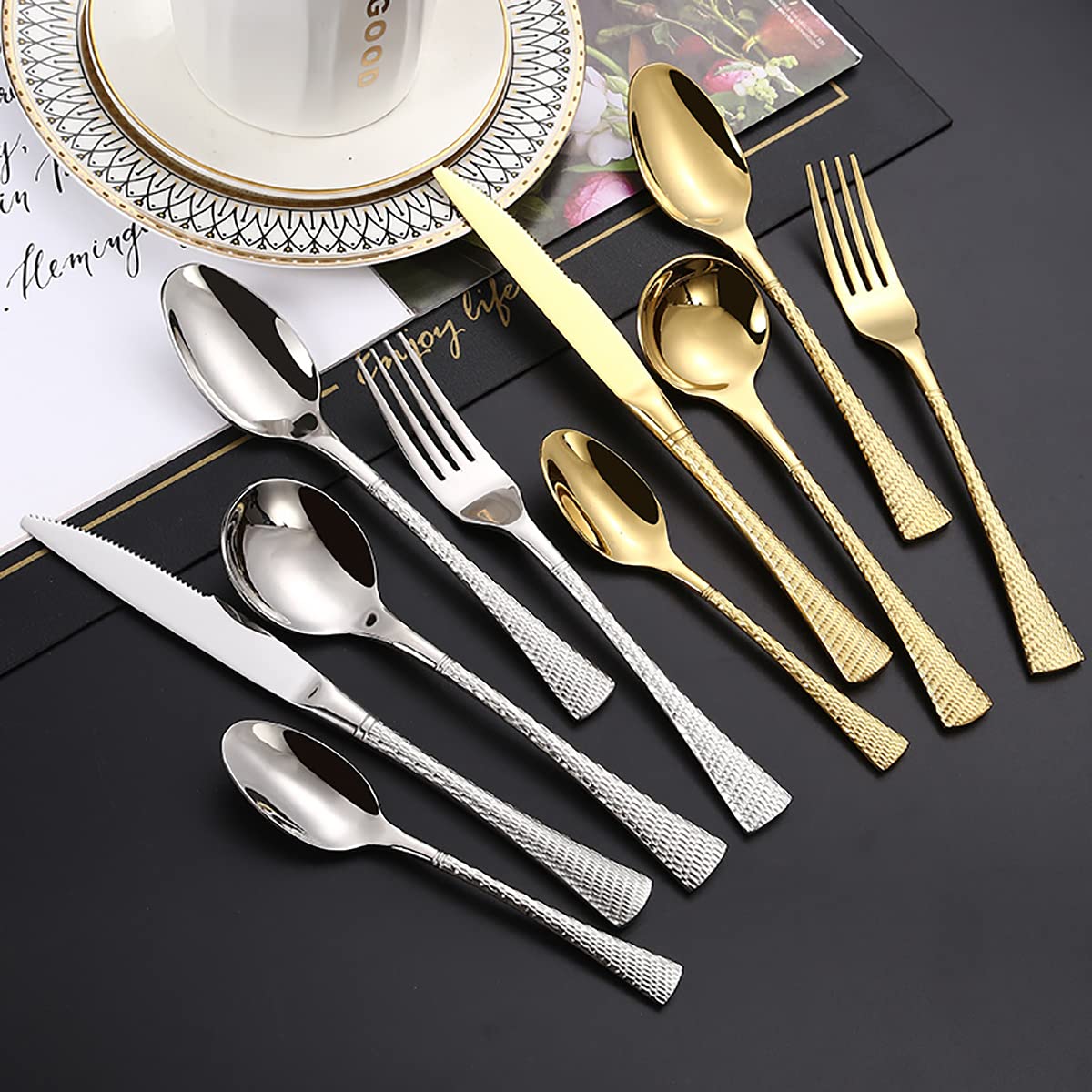 Premium 40-Piece Gold Stainless Steel Flatware Set for 8 - Modern Hammered Silverware with Steak Knives - Dishwasher Safe Cutlery Set for Home, Restaurant & Dinner Parties - Elegant Table Setting for Weddings, Holidays & Fine Dining