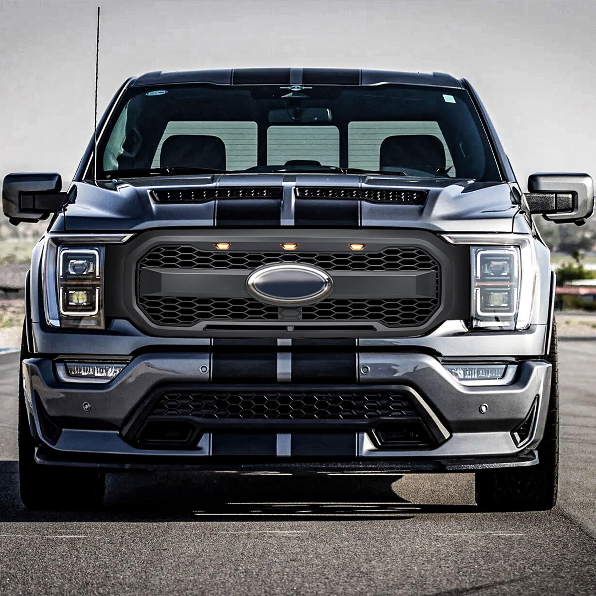 Raptor Style Mesh Grill with Amber LED Lights & Emblem Base for 2021-2023 Ford F150 | Matte Black Front Bumper Grille | Off-Road & Street Customization Upgrade