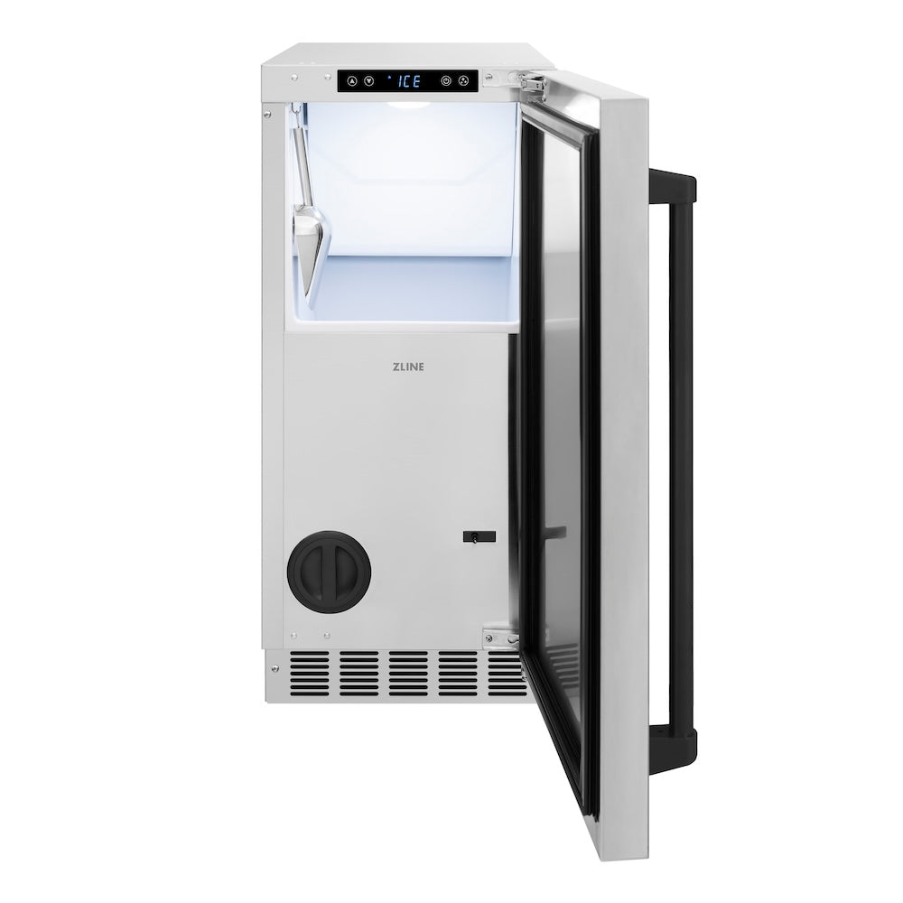 ZLINE Autograph Edition 15 Inch Clear Cube Ice Maker with Drain Pump - Stainless Steel Door & Matte Black Handle - Perfect for Home Bars, Kitchens, and Outdoor Entertaining (ICCDZ ST 15 MB)