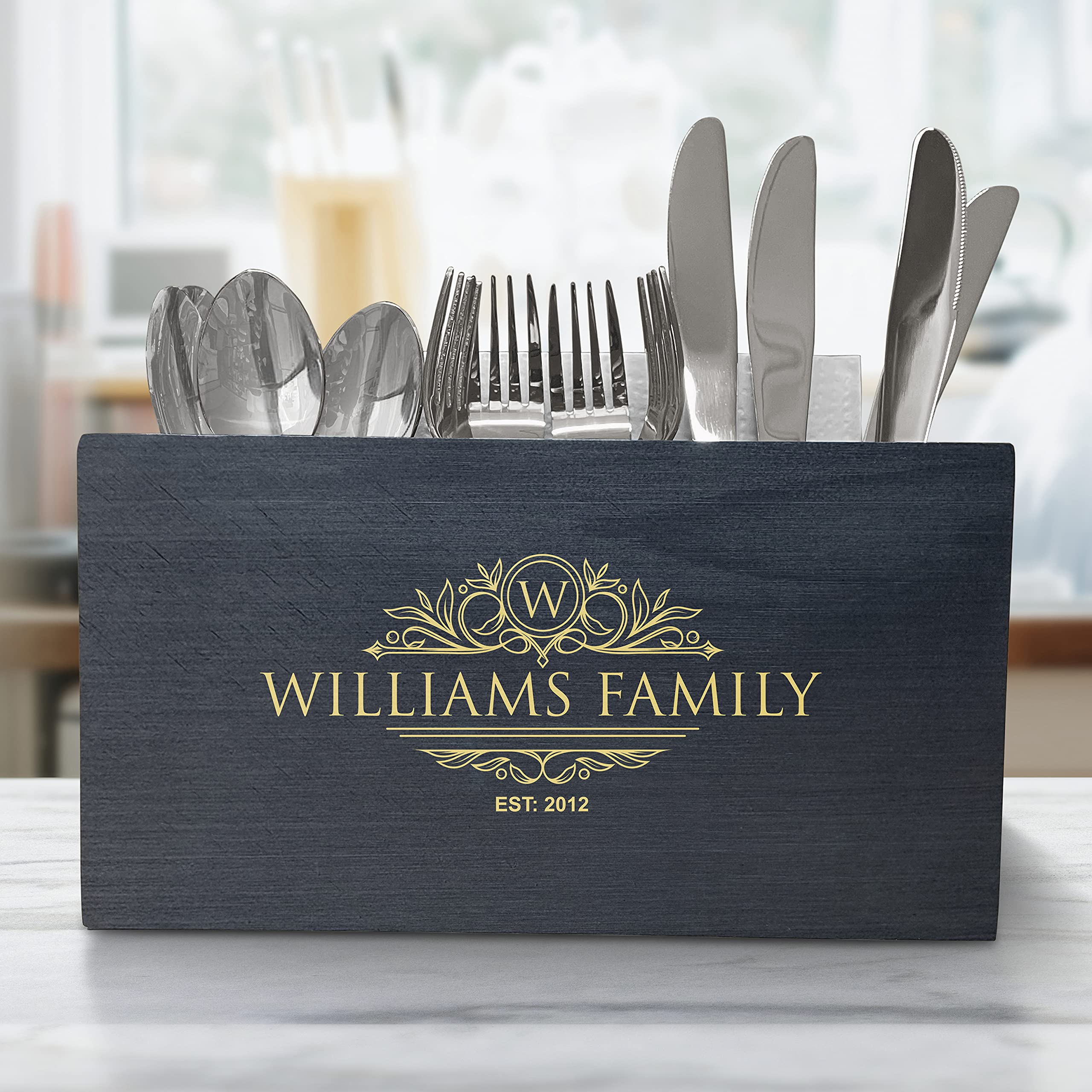 Personalized Wooden Utensil Storage Box - Traditional Kitchen Caddy Organizer for Spoons & Forks - Perfect for Wedding Gifts & Home Organization