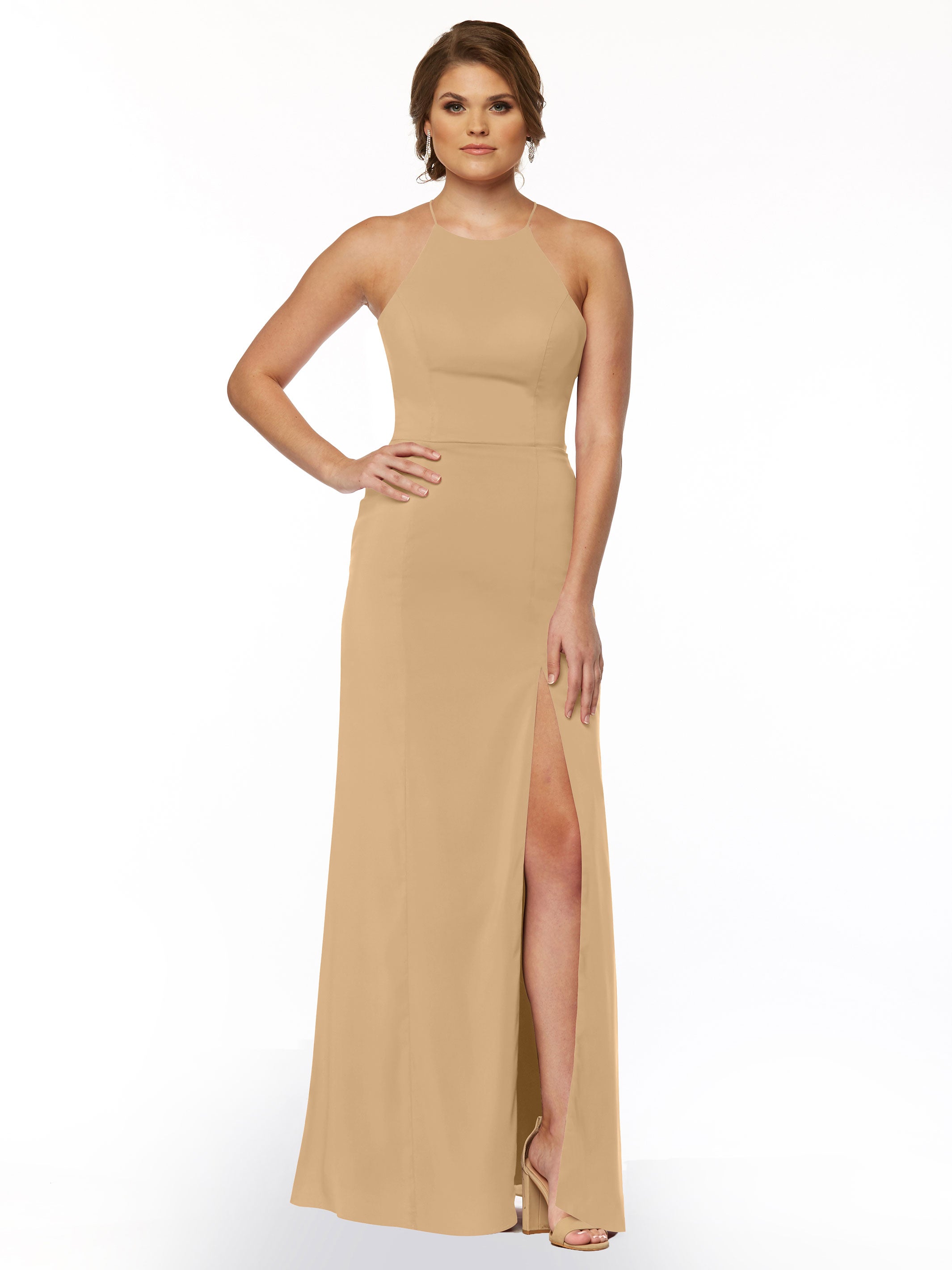 Elegant 83026 Sheath Stretch Chiffon Bridesmaid Dress with Halter Neckline & High Slit - Perfect for Weddings, Formal Events & Evening Parties