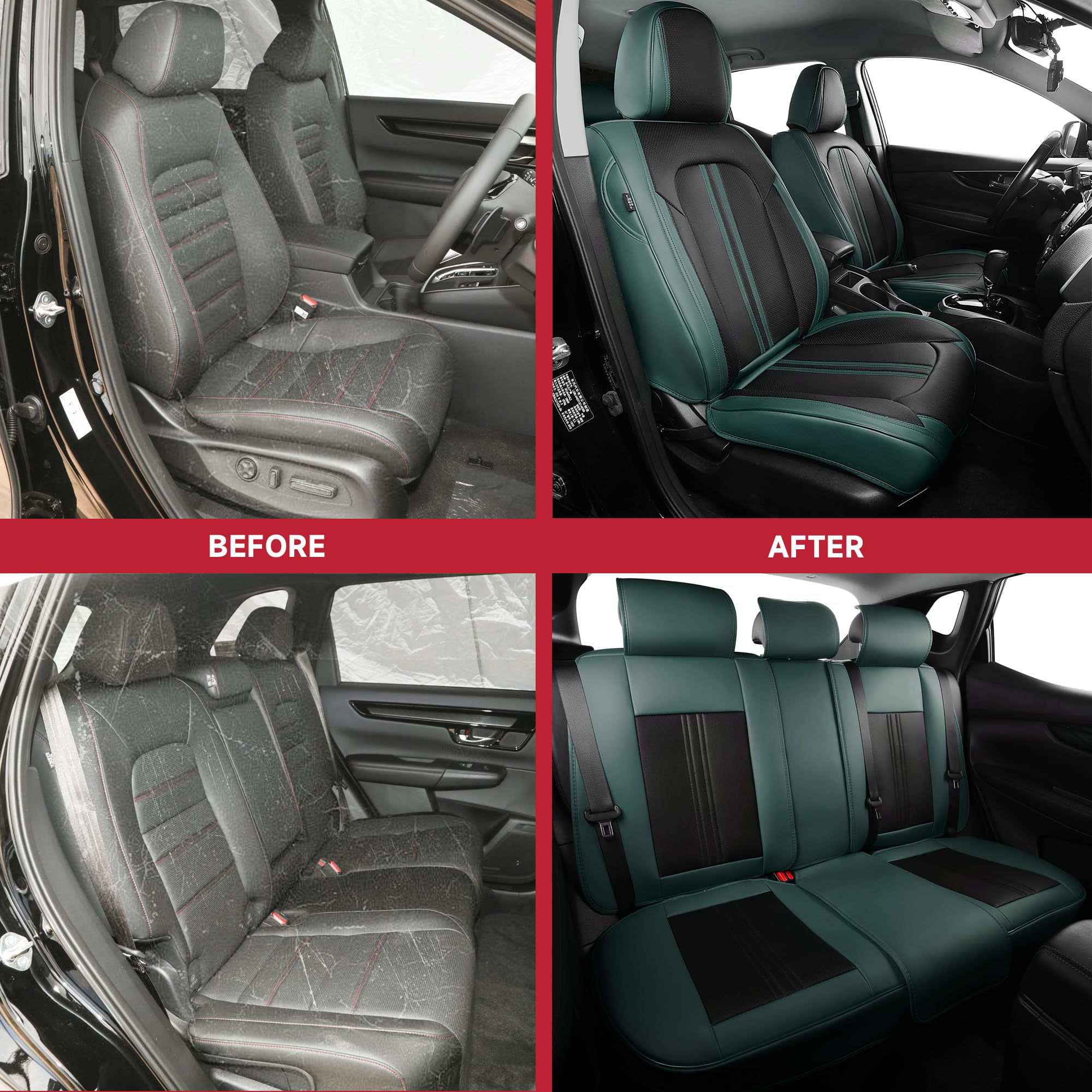 Premium Waterproof Leather Car Seat Covers Full Set - Green & Black Luxury Seat Protectors for Cars, Trucks & SUVs | Front & Back Seat Covers Fit Most Vehicles | Perfect for Road Trips, Daily Commutes & Family Protection