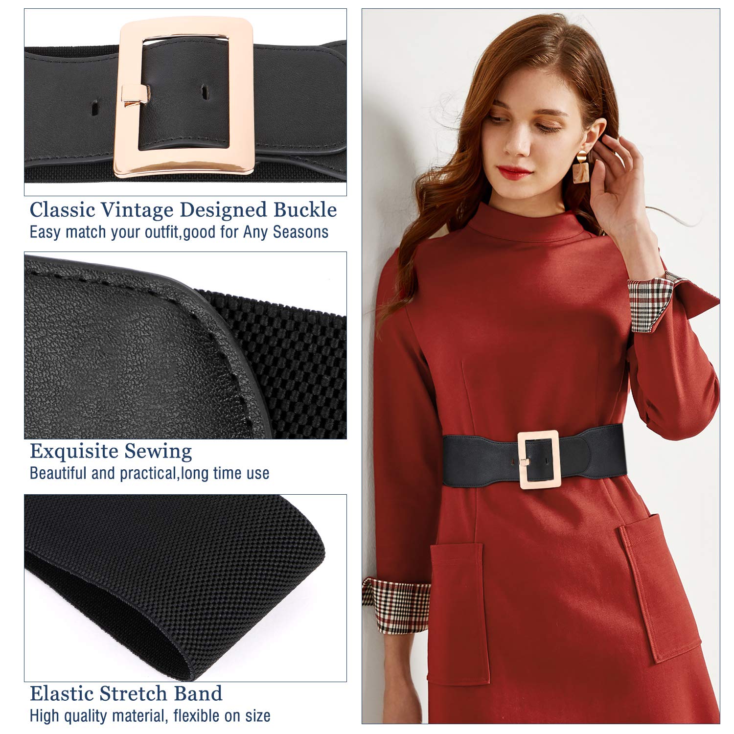 JASGOO Vintage Elastic Waist Belt for Women - Stretchy Dress Belt with Metal Buckle - Perfect for Dresses, Santa Costumes & Holiday Outfits