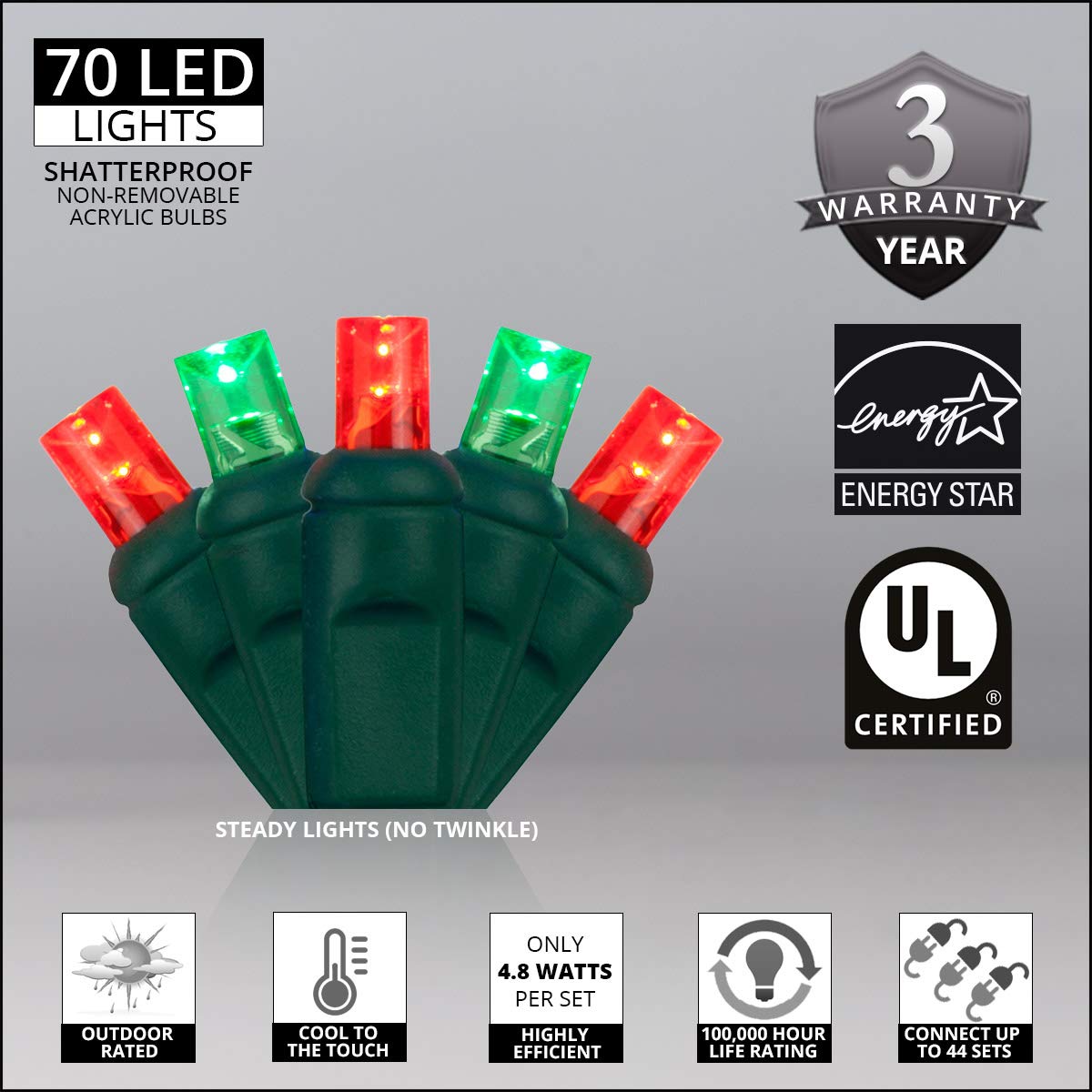 70 5mm Red & Green LED Christmas String Lights - 24ft Wintergreen Mini Holiday Lights for Indoor/Outdoor Decor, Tree, Party & Festive Lighting