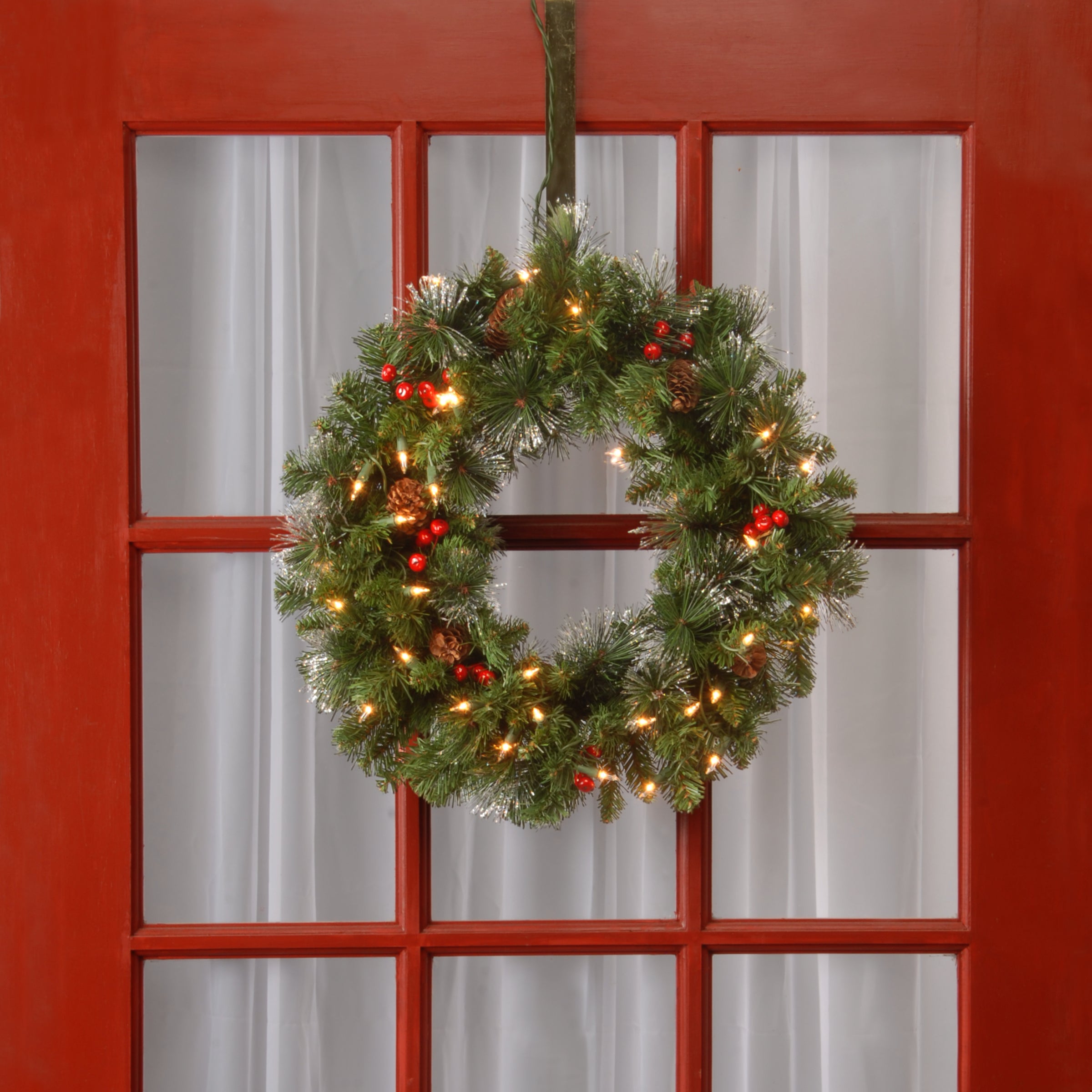 20 Inch Pre-Lit Crestwood Spruce Christmas Wreath with Clear LED Lights - Perfect for Holiday Door Decor, Fireplace Mantel & Festive Home Decorations