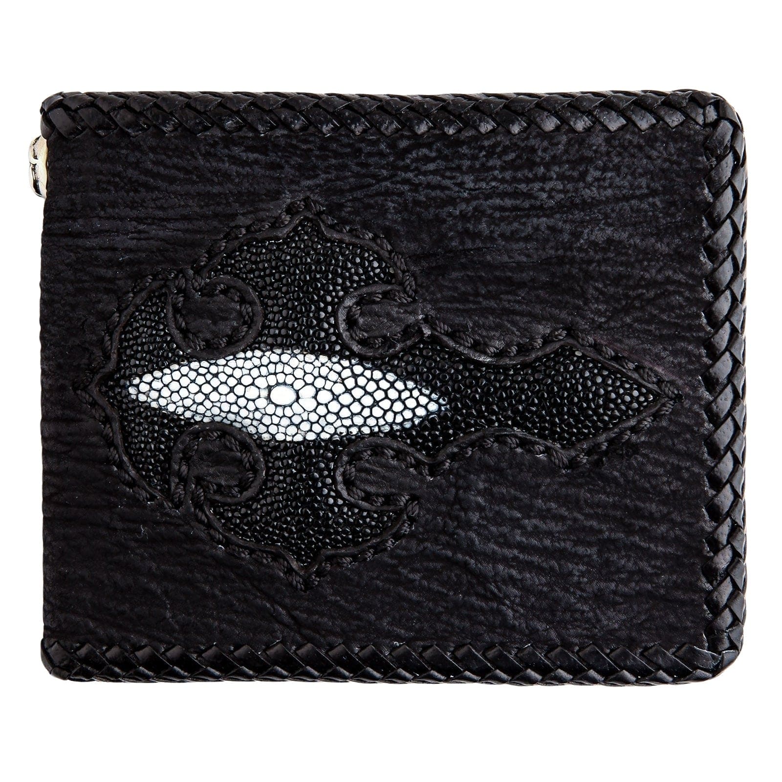 Genuine Black Stingray Leather Biker Wallet with Cross Inlay - Stylish & Durable Chain Wallet for Men, Perfect for Motorcycle Riders & Everyday Use