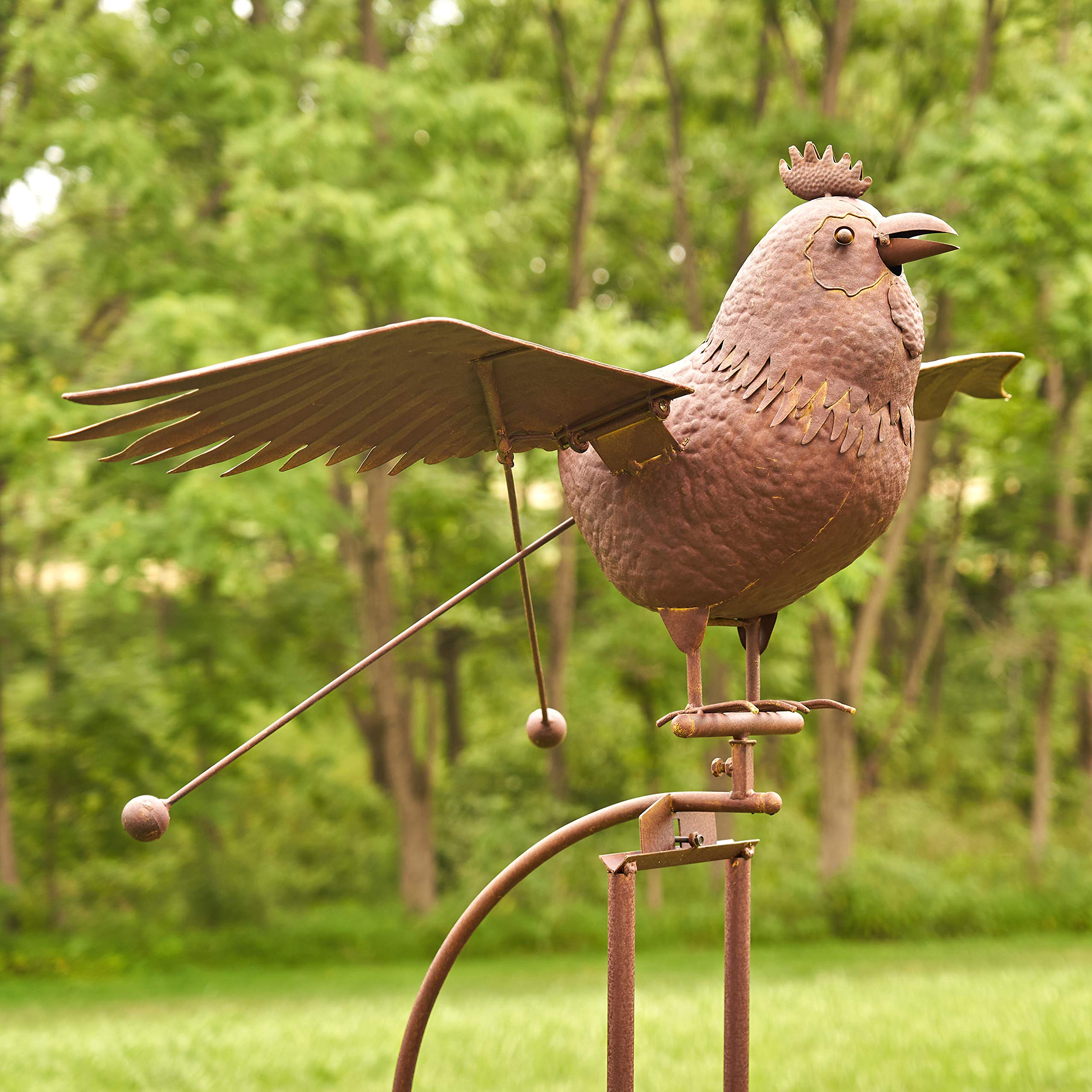 Large Rocking Animal Garden Stakes with Flapping Wings - Rust Brown Rooster Decoration for Outdoor Yard, Patio & Flower Beds