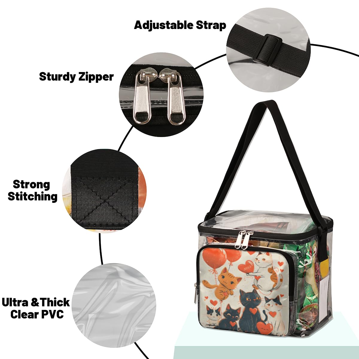 GzLeyigou Valentine's Day Cat Clear Tote Bag with Handles - Transparent Crossbody Shoulder Bag for Lunch, Outdoor, Travel, Picnic, Concerts & Sports Events - Stadium Approved Multi-Purpose Cat-Themed Purse | Perfect for Date Nights, School, Shopping & Festival Accessories