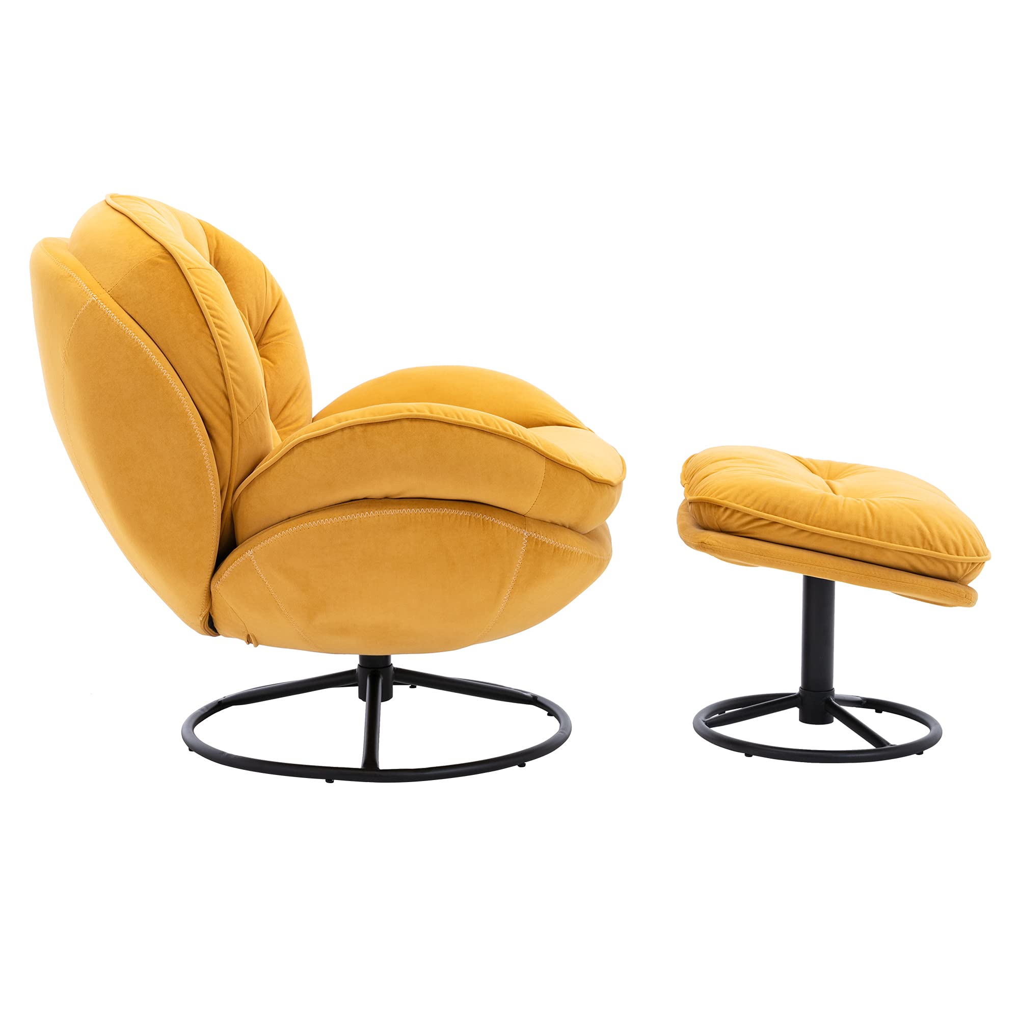 Velvet Swivel Accent Chair with Ottoman Set - 360 Degree Rotating Modern Lounge Chair with Footrest, Comfortable Armchair for Living Room, Bedroom & Office - Yellow Soft Fabric Leisure Sofa for Relaxing & Reading