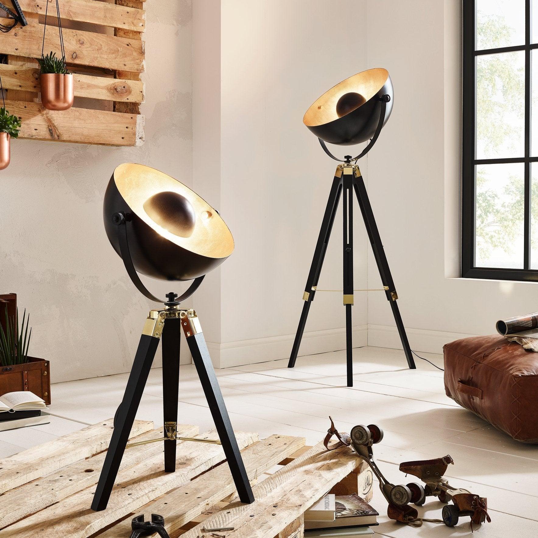 Eglo Covaleda Adjustable Tripod Floor Lamp - Black Wood & Gold Finish for Living Room, Bedroom, or Office Lighting