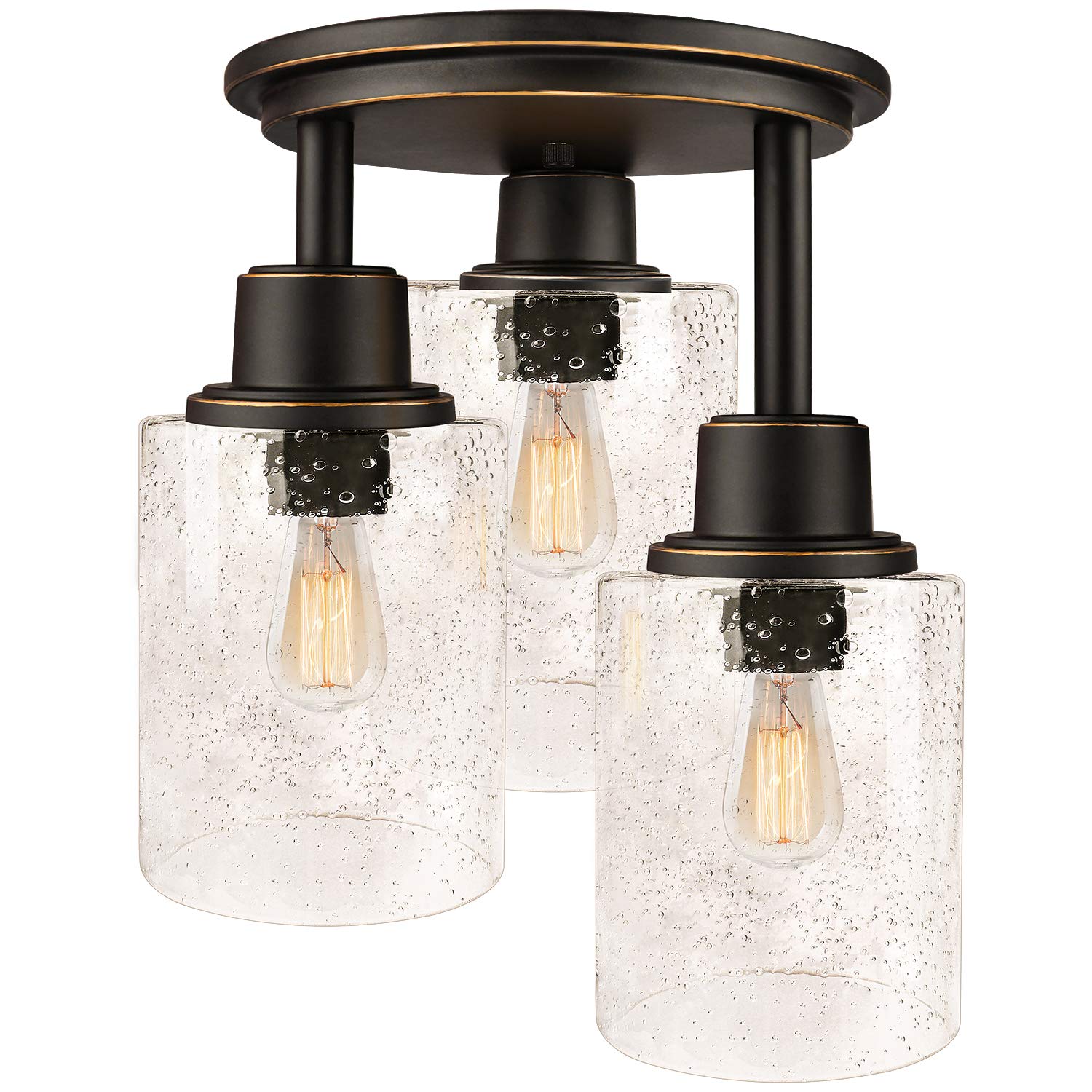 Vintage Oil-Rubbed Bronze Semi Flush Mount Ceiling Light Fixture - 3-Light Close to Ceiling Chandelier with Clear Seeded Glass Shade - Perfect for Stairs, Porch, Hallway, Entryway, Kitchen, Dining Room and Bedroom Lighting