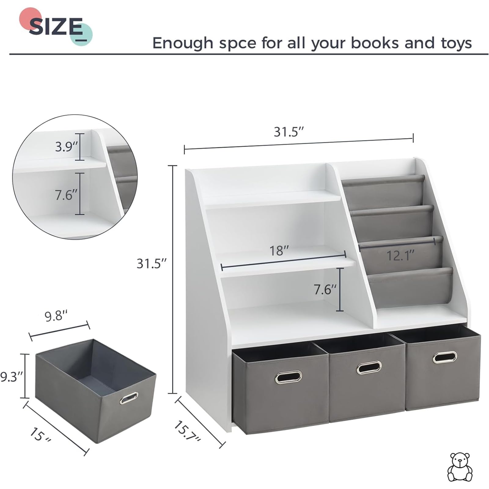 EFURDEN Kids Bookshelf & Toy Storage Organizer - White Wooden Book Display Shelf with Storage Bins for Bedroom, Playroom, Nursery & Classroom - Perfect for Organizing Children's Books, Toys and Learning Supplies
