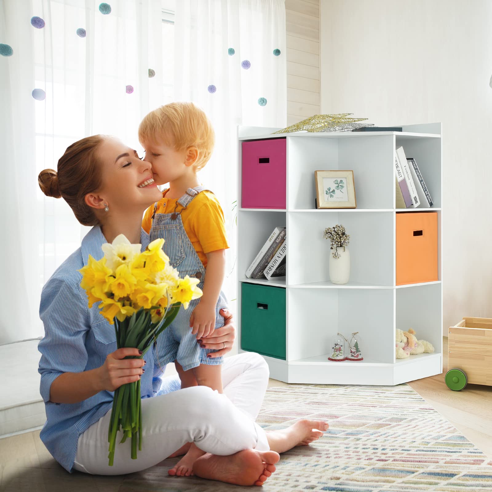 HONEY JOY 9-Cubby Wooden Kids Toy Storage Organizer with Display Shelf & 3 Removable Baskets - Corner Toy Bin Cabinet for Playroom, Nursery, Daycare & Kids Bedroom Organization (White) - Perfect for Small Spaces & Montessori Play Areas