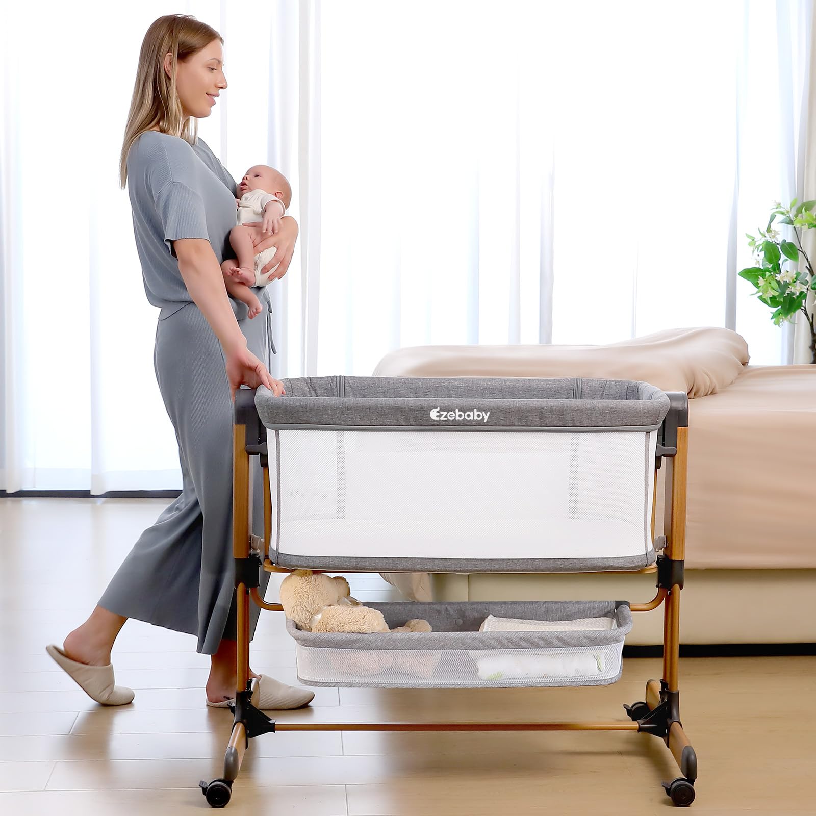 Ezebaby 3-in-1 Adjustable Baby Bassinet with Wheels, Storage Basket & Breathable Mesh Sides - Convertible Rocking Crib & Bedside Sleeper for Newborns & Infants - Perfect for Nursery, Bedroom & Travel Use