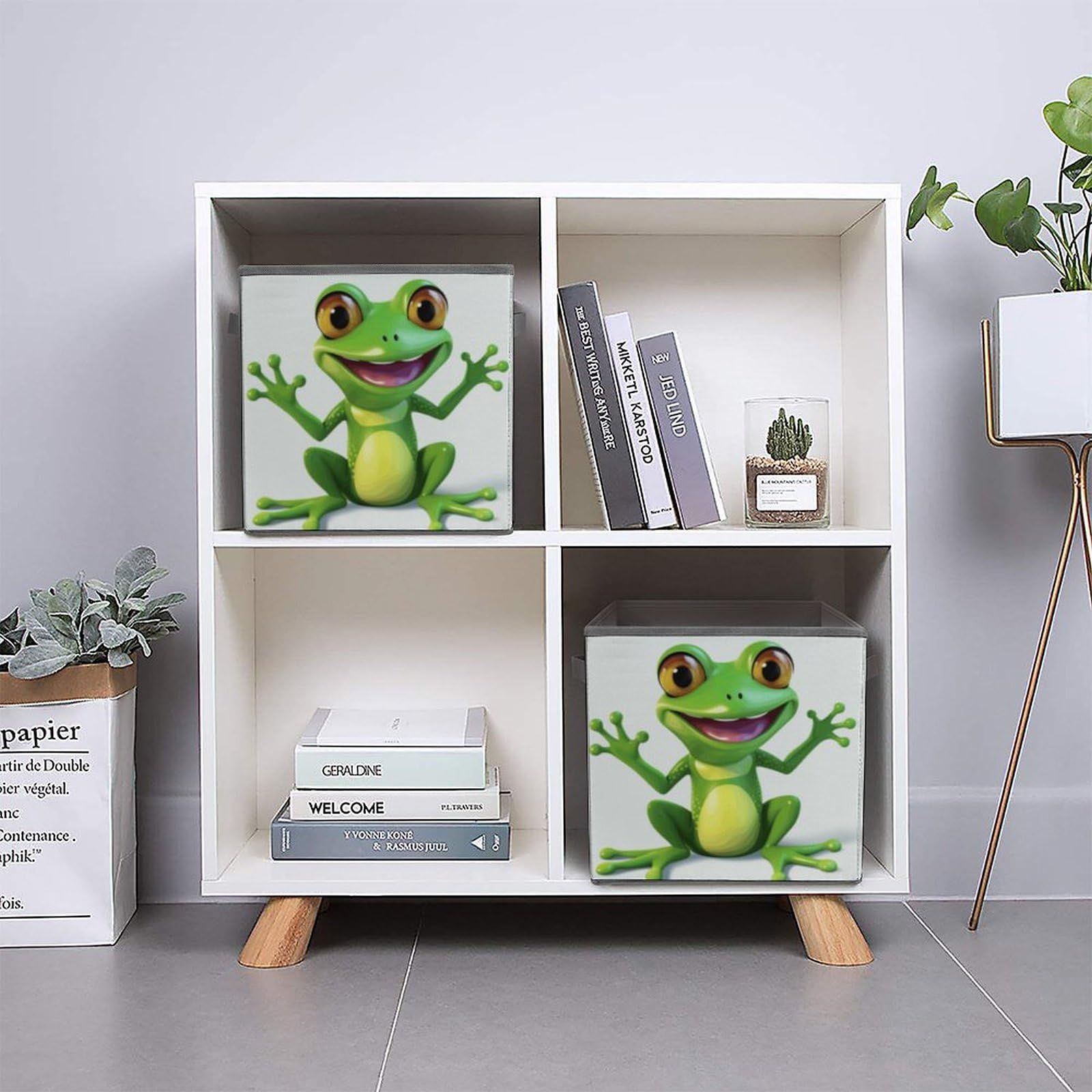 Collapsible Storage Cubes with Handles - 10.6×10.6 Inch Foldable Fabric Bins for Home Organization (Green Frog Print) - Perfect for Kids' Toys, Closet Storage & Nursery Decor