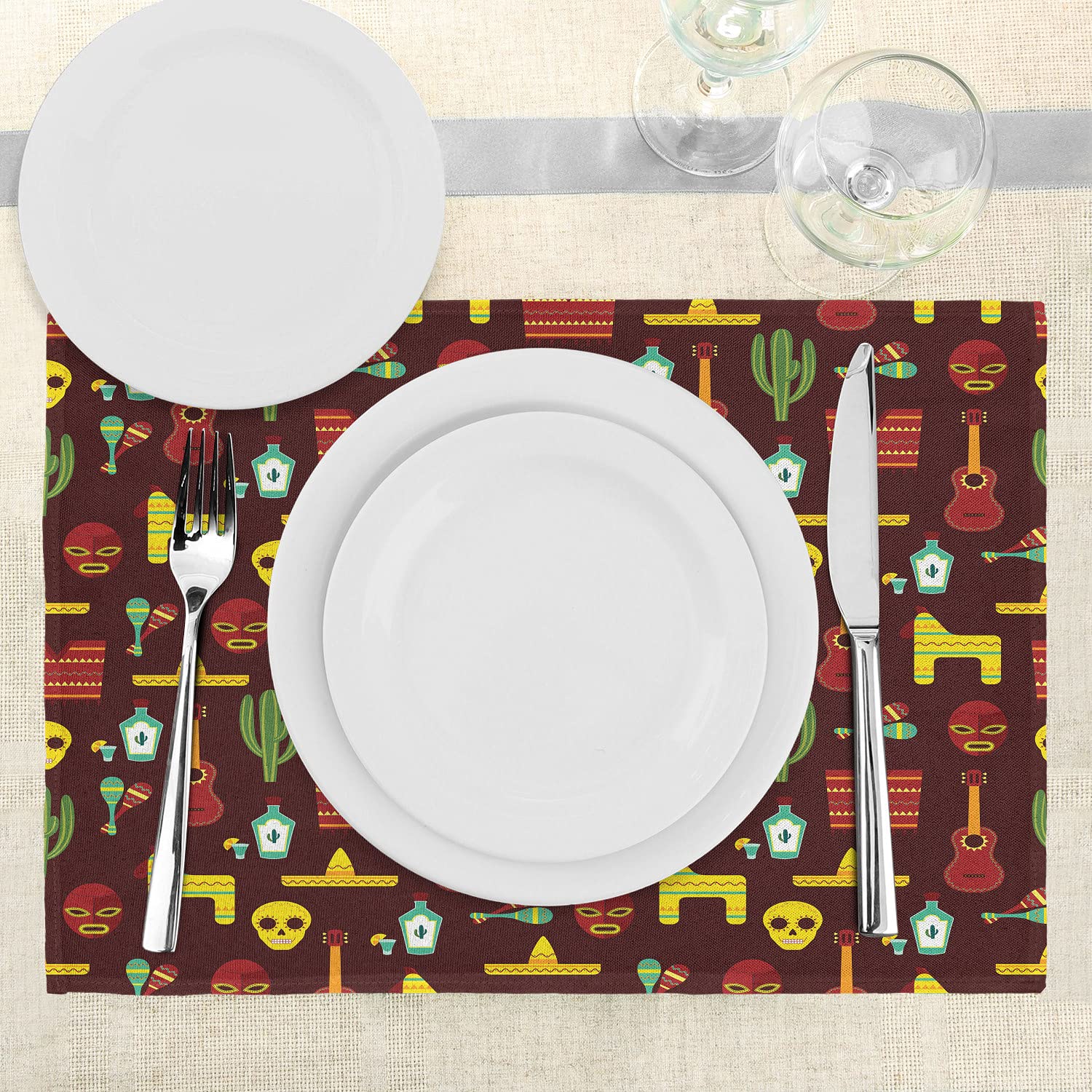 Ambesonne Mexican Place Mats Set of 4 - Traditional Cultural Design with Music, Tequila & Saguaro Cactus Patterns | Washable Fabric Table Mats for Dining Room & Kitchen Decor | Perfect for Mexican-Themed Parties, Family Dinners & Home Styling