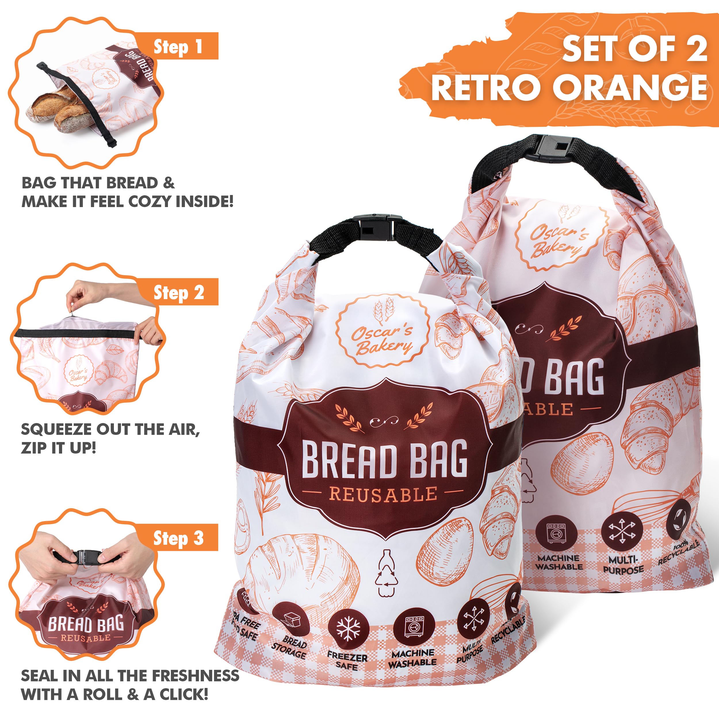 Reusable Sourdough Bread Bags for Homemade Bread Storage - BPA-Free, Freezer Safe Bread Bags with Beeswax Wrap - 2 Pack Retro Orange Bread Containers by Oscar's Bakery - Perfect for Fresh Bread, Sourdough, Baguettes & Artisan Loaves