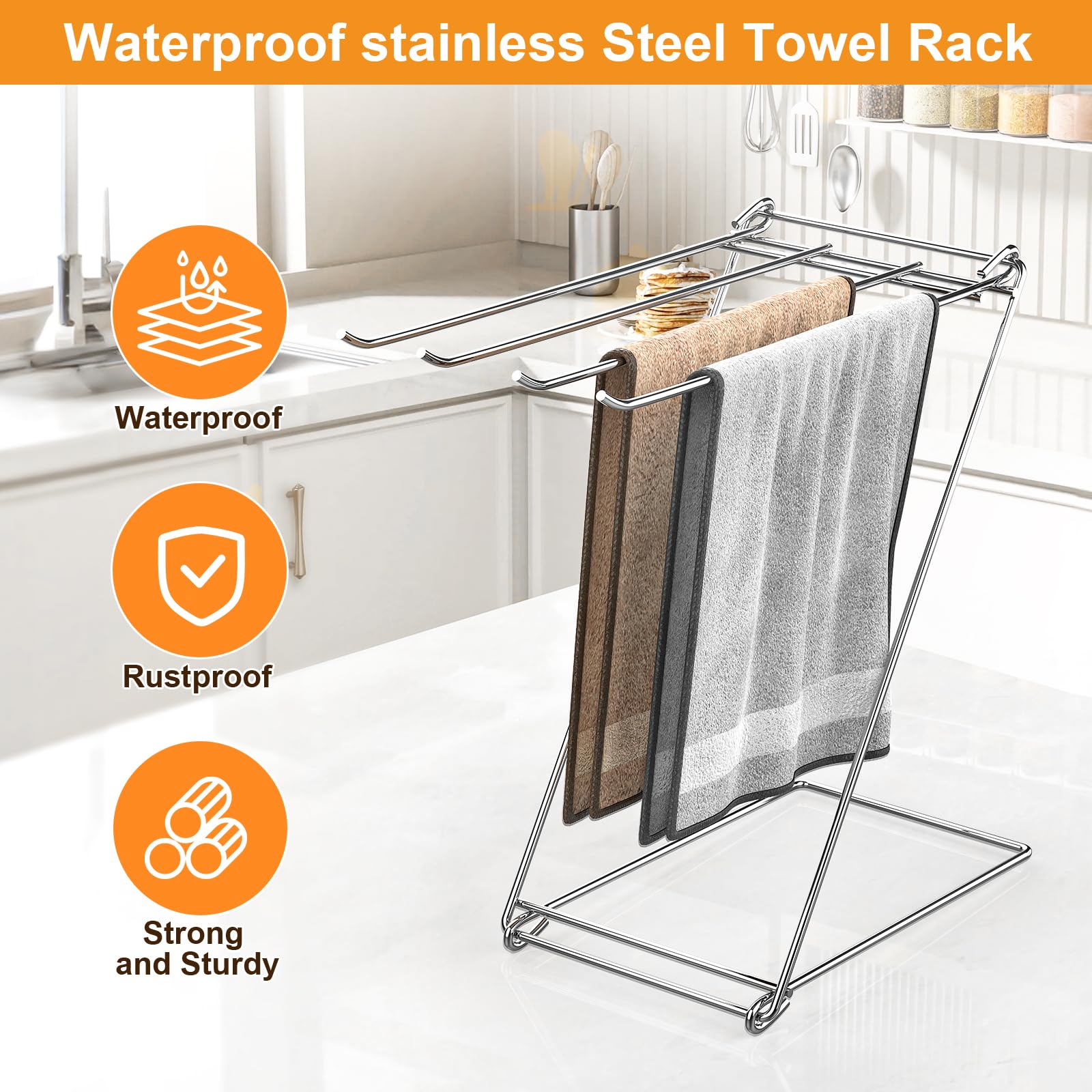4-Arm Z-Shaped Folding Kitchen Towel Holder Stand - Free Standing Countertop Dish Towel Rack for Bathroom & Kitchen - Hand Towel & Washcloth Drying Organizer - Perfect for Drying Dishes, Napkins & Cleaning Cloths After Cooking or Washing